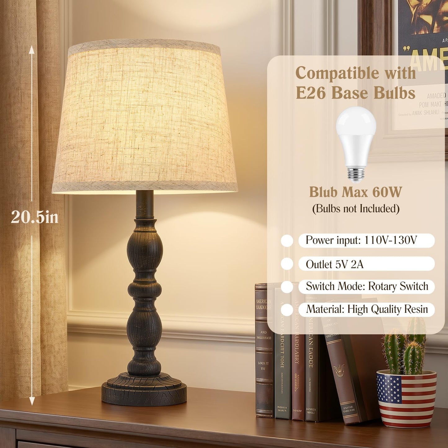 GyroVu Table Lamps Set of 2 for Bedroom, 20.5" Rustic Farmhouse Bedside Lamps with Linen Shade, Vintage Nightstand Lamps for Living Room, End Table Office, Desk(Black)