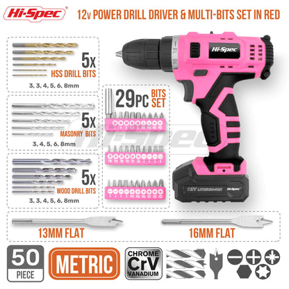 Hi-Spec 50pc 12V Pink Electric Cordless Power Drill Driver. in a Carry Case with Rechargeable Battery, Power Screwdriver Bits, Wood, Metal, and Masonry Drill Bit Set Accessories