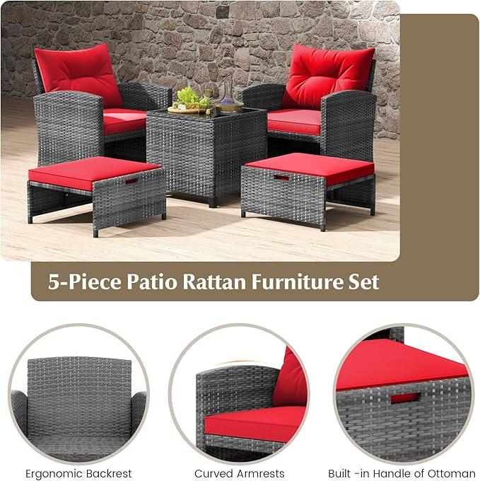 Tangkula 5 Pieces Patio Conversation Set, PE Wicker Rattan Outdoor Furniture Set