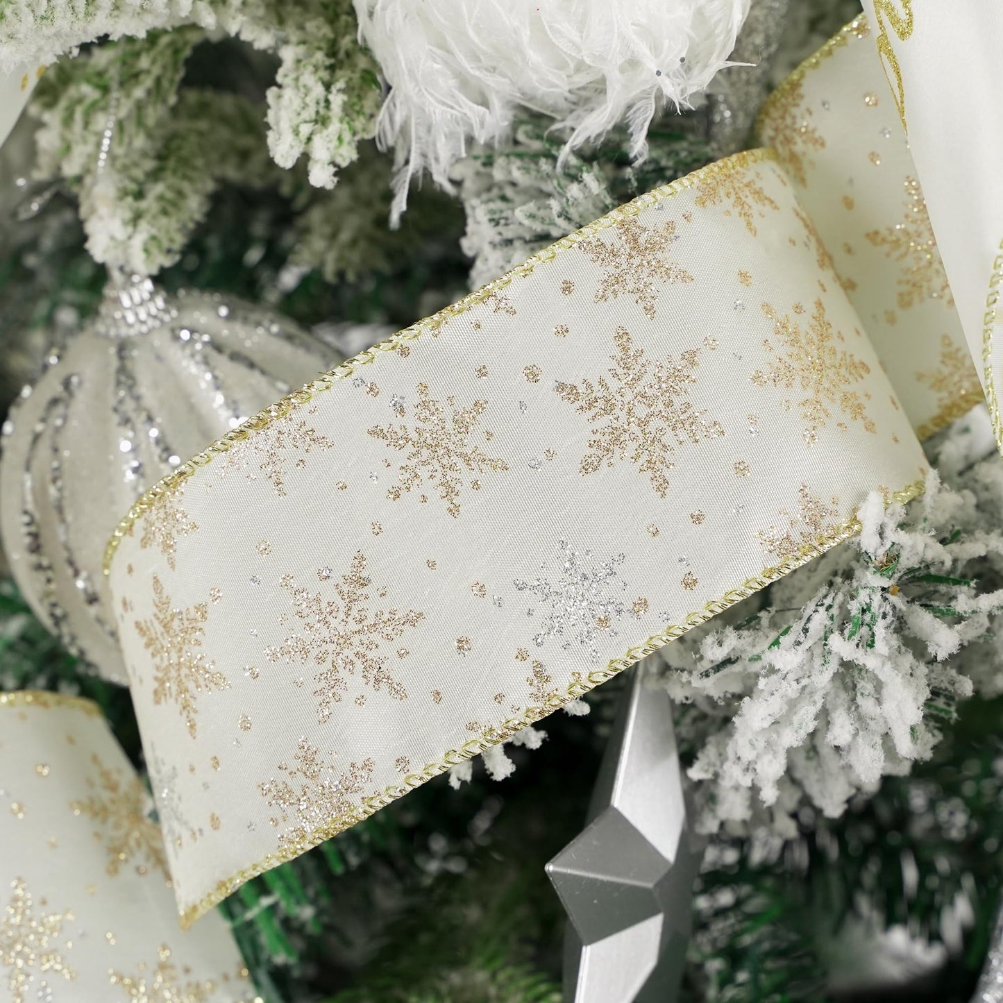 AIMUDI Ivory Snowflake Ribbon 2.5" Ivory and Gold Christmas Satin Wired Ribbon for Gift Wrapping Christmas Trees Wreaths Garlands Crafts Tree Topper Bows Home Decor- 10 Yards
