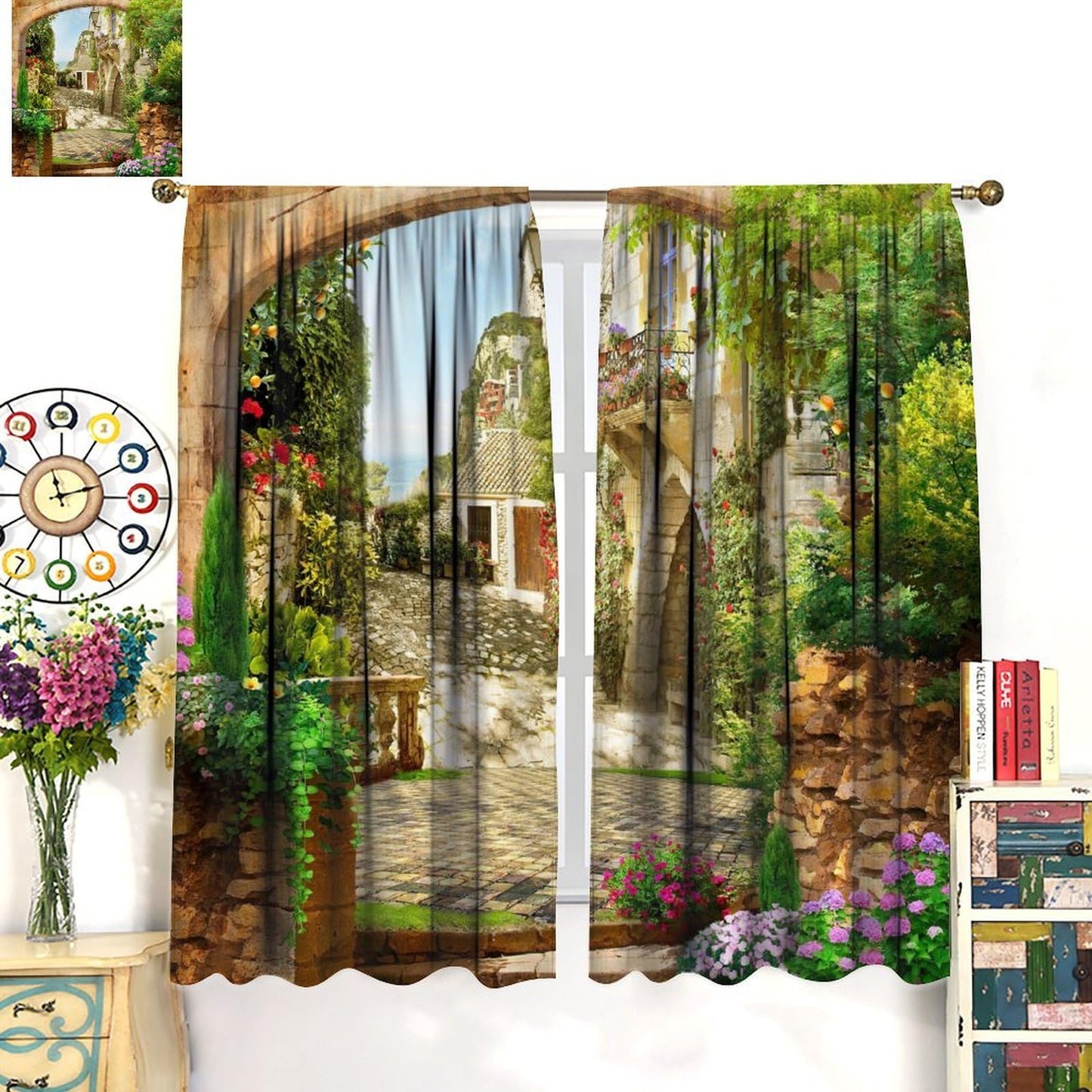 GoDazzling European Natural Landscape Curtains, Stone Arch Beautiful Italian Courtyard Rod Pocket Window Drapes, for Living Room Bedroom 41" W X 45" L (No Blackout)