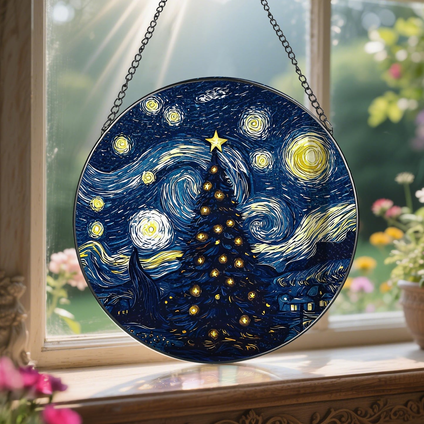 8-Inch Starry Night Christmas Tree Suncatcher Ornament, Stained Glass Window Hanging & Stained Glass Holiday Ornament, Sun Catcher Window Decor, Van Gogh’s Keepsake, Gifts for Christmas & Holidays