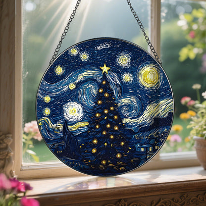 8-Inch Starry Night Christmas Tree Suncatcher Ornament, Stained Glass Window Hanging & Stained Glass Holiday Ornament, Sun Catcher Window Decor, Van Gogh’s Keepsake, Gifts for Christmas & Holidays