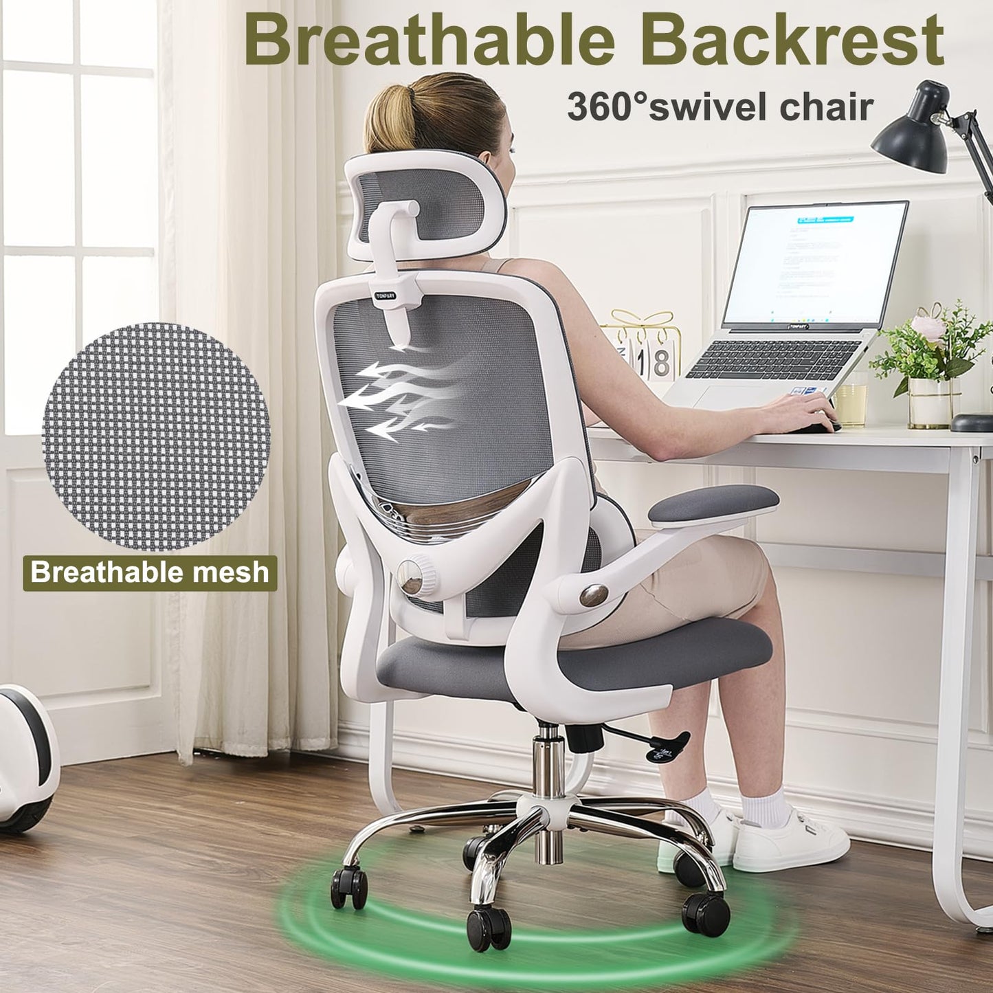 TONFARY Ergonomic Home Office Chair, High Back Mesh Desk Chair with Adjustable Lumbar Support, Flip-up Armrest, Removable Headrest, Swivel Computer Gaming Chair, Space Saving, 330LBS (White+Grey)