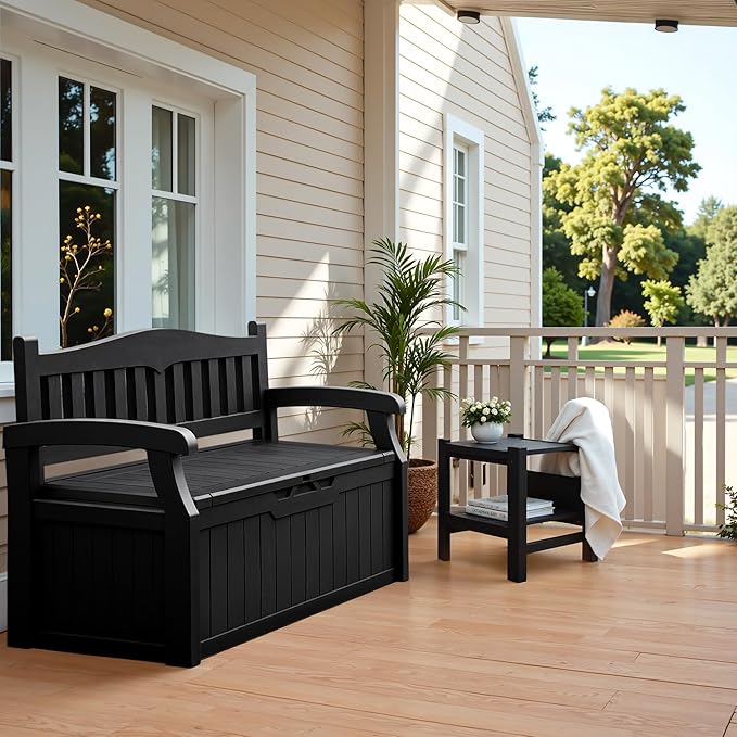 Flamaker 80 Gallon Storage Bench Outdoor Indoor, Durable All-Weather Seating with Hidden Storage, Lockable Deck Box for Garden, Patio, Poolside (Black)