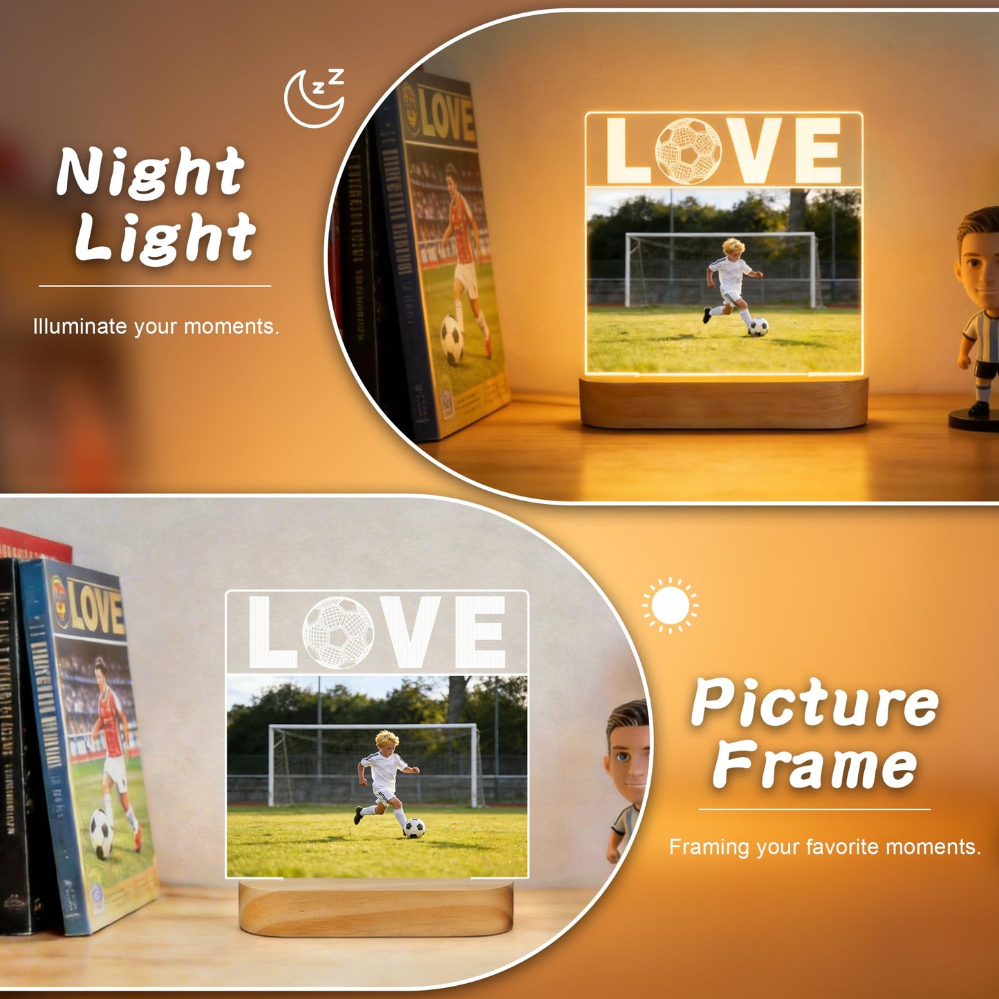 Okayera Light up Picture Frame, Soccer Gifts for Boy Teen Man, Love Football Frame LED Lamp with 4"X6" Photo, Sport Theme Bedroom Tabletop Office Decor, Present for Coach Athlete Fan Athletics