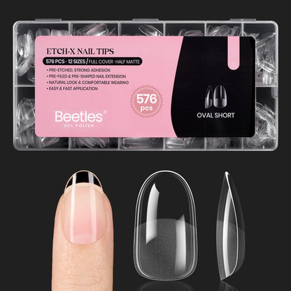 Beetles Gel Nail Kit Short Almond with Nail Dehydrator and Primer, 576Pcs Half Matte Etch-X Gel Nail Tips Solid Nail Glue Mini Nail Lamp Acrylic Nail Tips Easy DIY Nail Extension Set Gift for Women
