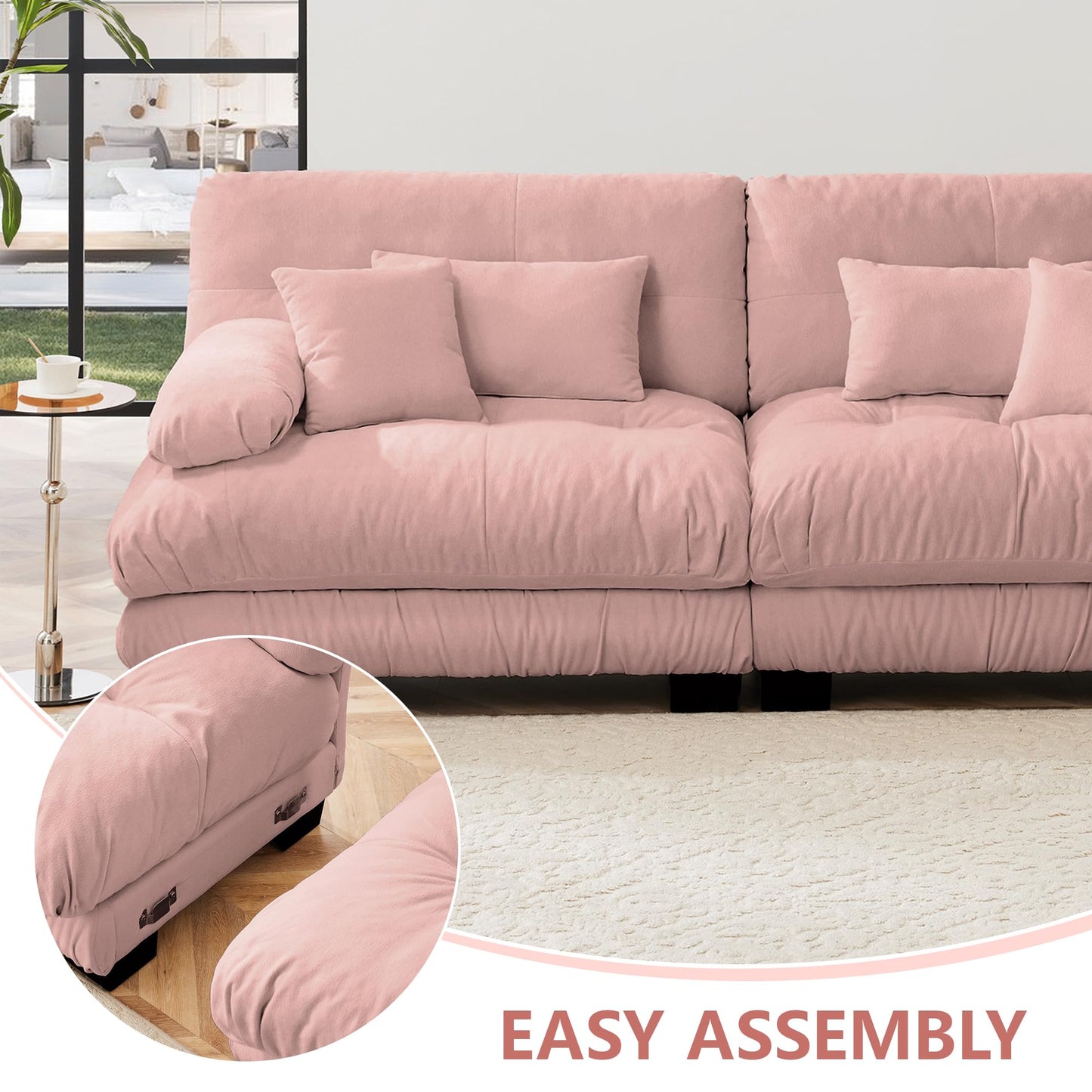 KEIKI 94 Inch Cloud Couch Sectional Sofa, Convertible L-Shaped Sleeper Sofa Set with Movable Ottoman, 3-Seater Chenille Upholstered Sofabed for Living Room Lounge, Deep Seating, Easy Assembly, Pink