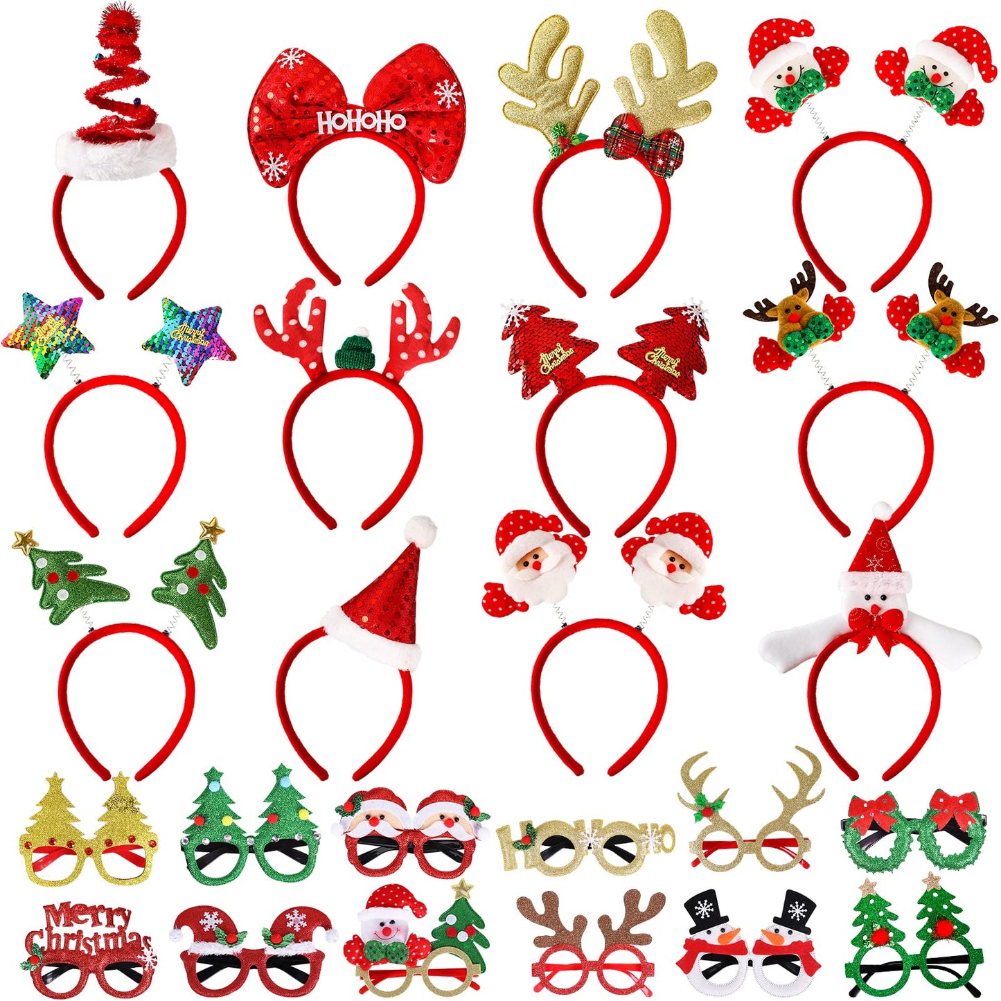 Max Fun 24 Pieces Christmas Glasses Frame and Headbands Set with 24 Cute Designs Exquisite Decoration Accessories for Christmas Parties Holiday Favors and Photo Booth