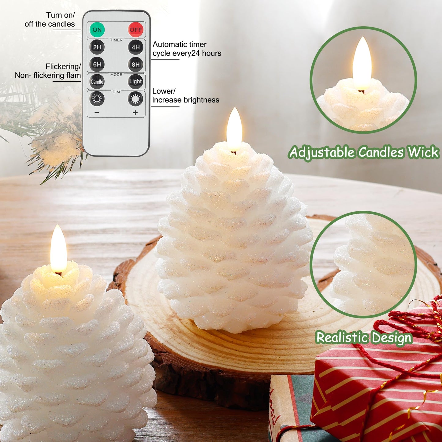 Christmas Flameless Pine Cone Candles with Remote Timer, Battery Operated Flickering Candles, LED Real Wax Pinecone for Christmas Home Decoration, Set of 2, White with Glass Bead Powder (5.5" X 4.1")