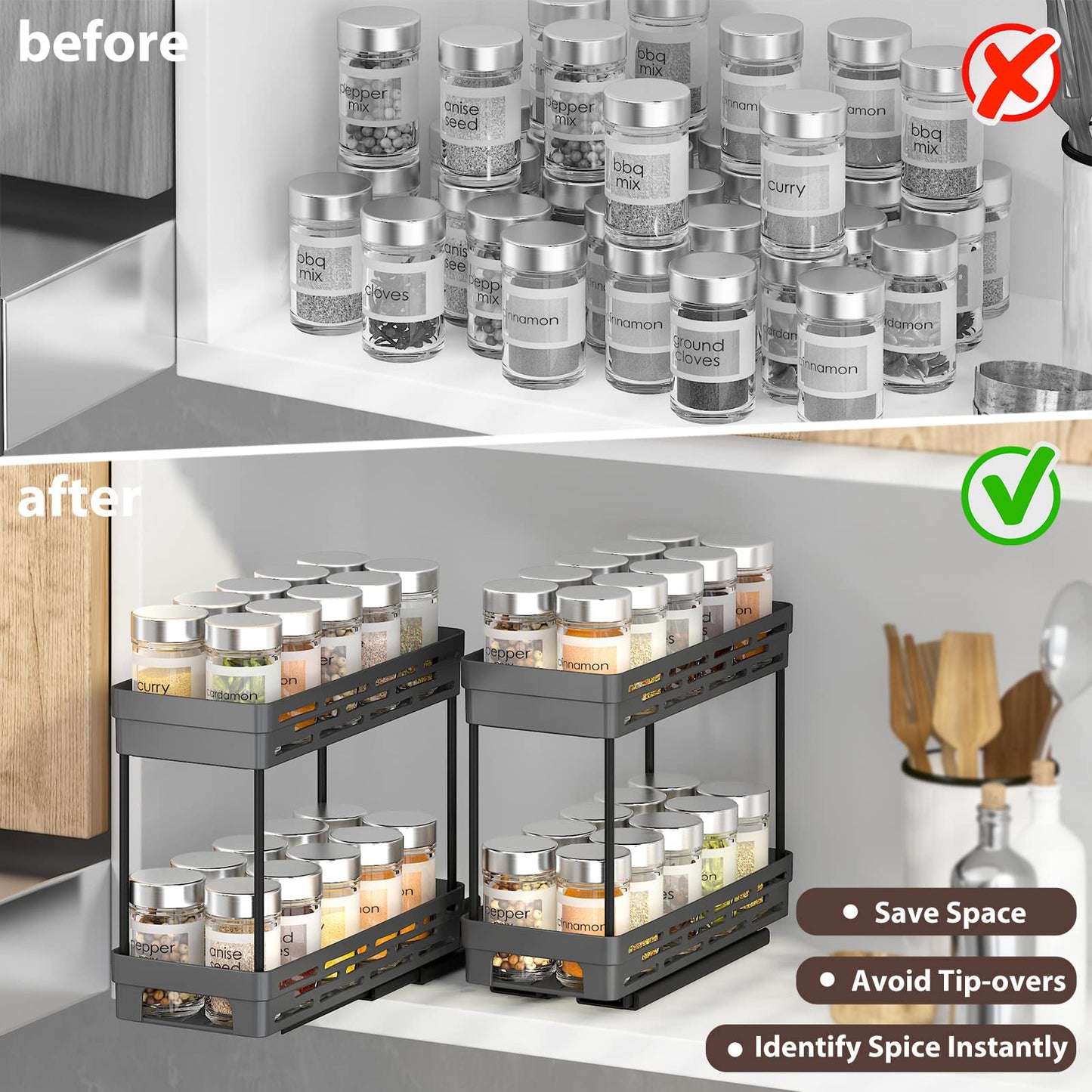 2 Pack Pull Out Spice Rack Organizer for Cabinet, Slide Out Spice Racks Organizer, Spice Cabinet Organizers, Cabinet Size Need:12'' Highx11'' Deepx5'' Wide,Hold 10 Spice Jar Each Tier-2Tier, Black