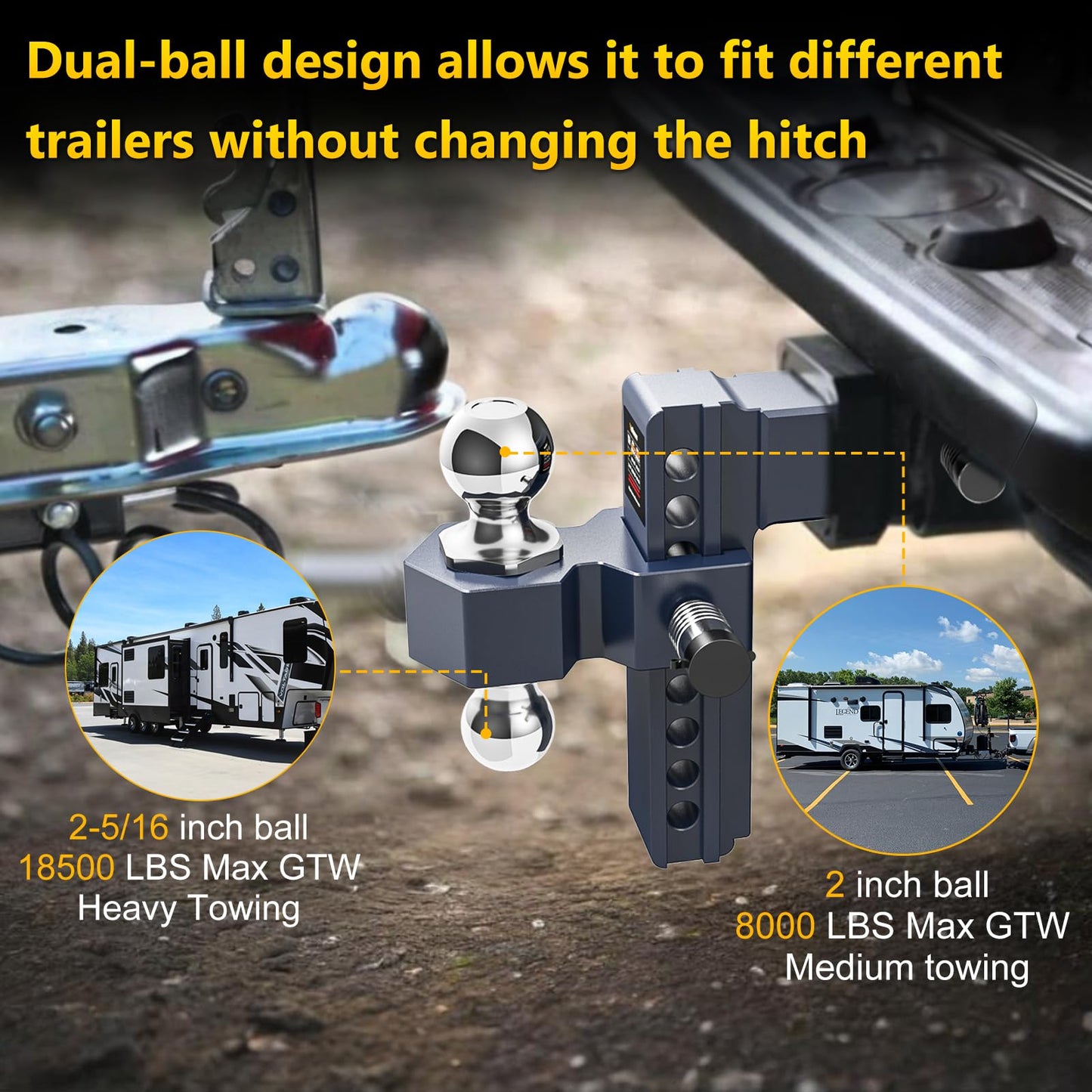 Vullteeon Adjustable Trailer Hitch, Drop Hitch for 2.5 Inch Receiver, 8 inch Aluminum Truck Hitch, 2 and 2-5/16 inch Balls, 18,500 LBLBS GTW, Two Anti-Theft Pins Locks