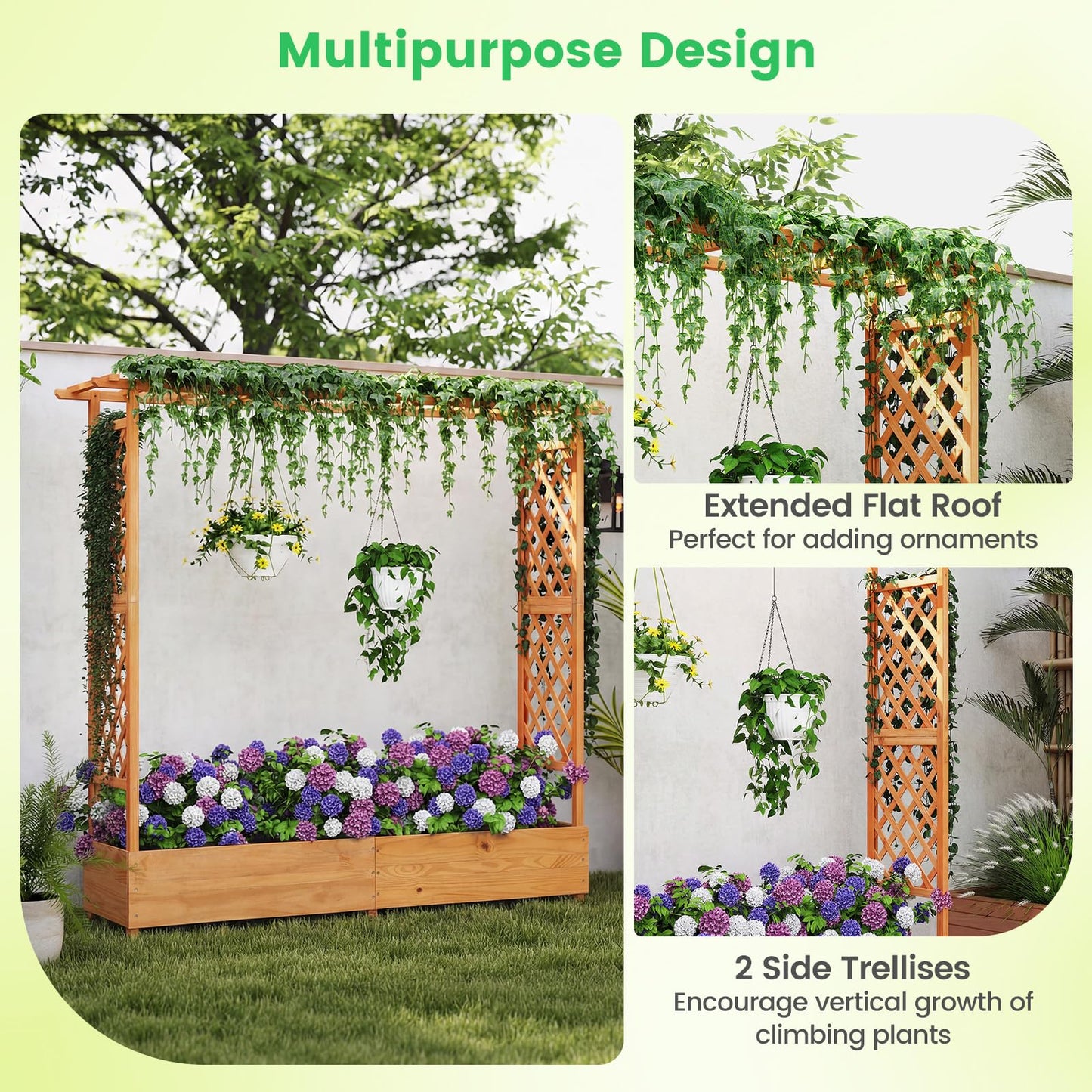 Giantex Raised Garden Bed with Trellis & Hanging Roof, Wood Planter Box with Bottom and Drainage Holes, Freestanding Garden Planter for Flower Vegetable Fruit Herb Climbing Vines, 77"x17"x70"