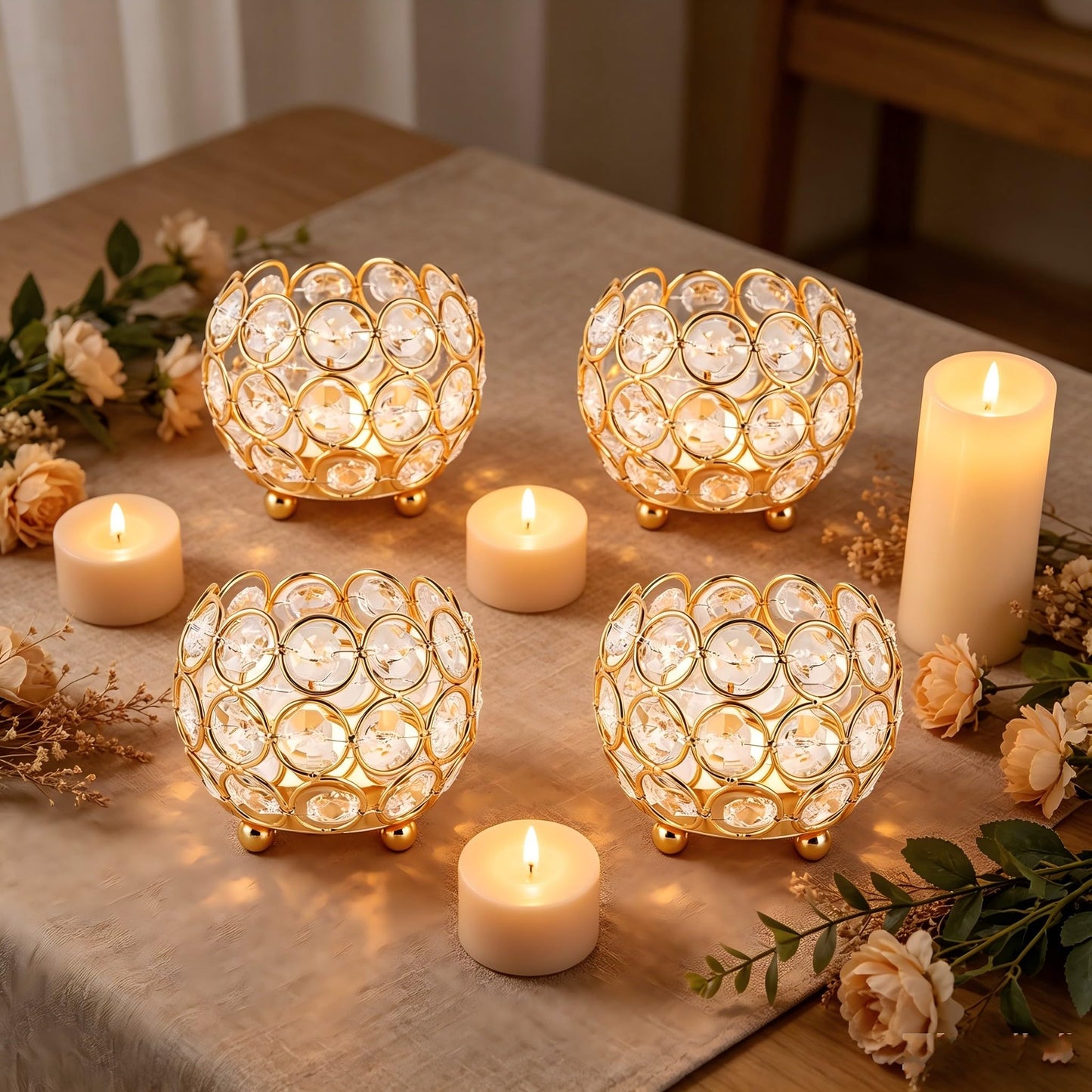 VINCIGANT Gold Crystal Votive Candle Holders for Table Tenterpiece,Small Bowl/Ball Tealight Candle Lantern for Thanksgiving Wedding Table Decoration, (4pcs)