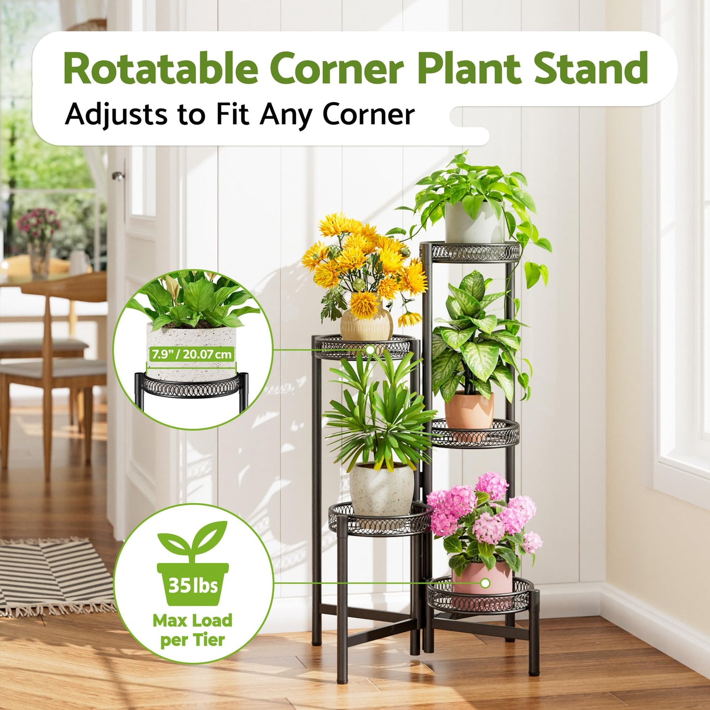 NQW Plant Stand Indoor Outdoor, 5 Tier Corner Metal Flower Display Holder Stand, Folding Tall Plant Rack for Patio Balcony Porch Garden Living Room House, Heavy Duty Wrought Iron Plant Shelf - BlackFlower