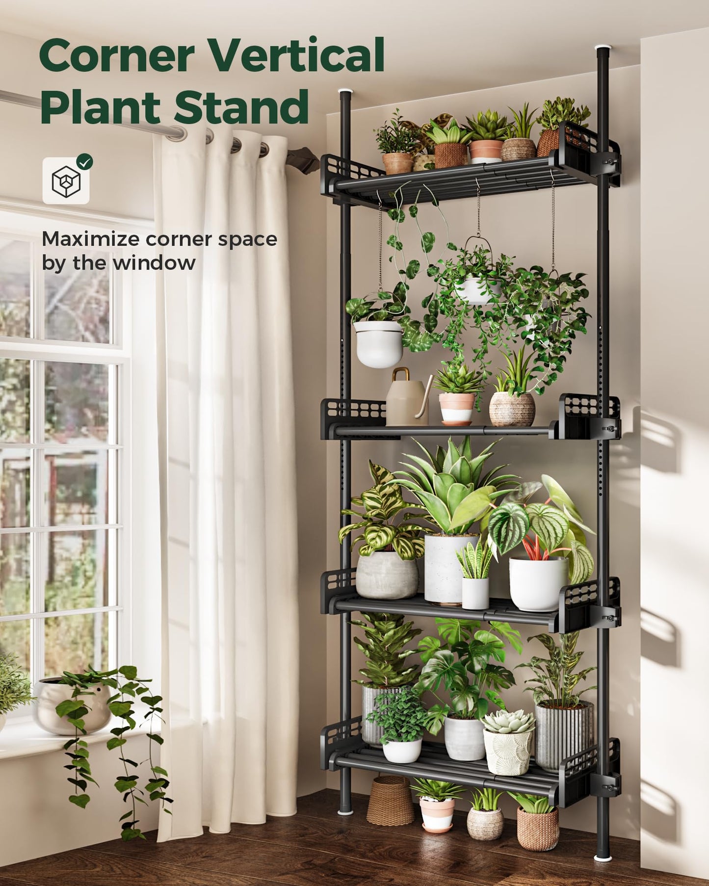Bamworld Tension Rod Plant Stand Adjustable Hanging Plant Shelf Indoor Tall Plant Pole Stand Floor to Ceiling Pole for Living Room Bedroom Flower Holder For Multiple Plant Pots Display Black New Version