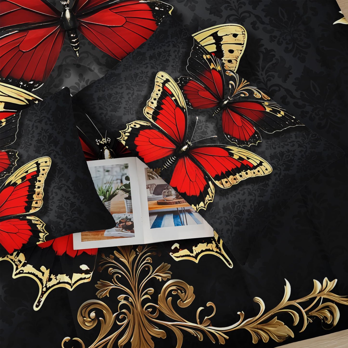 lneffble Red and Gold Butterfly Comforter Sets Queen Size Bed Set，Gothic Queen Size Bedding Set，with 1 Comforter with 2 Pillow Case，Butterfly Themed Bedroom Decor