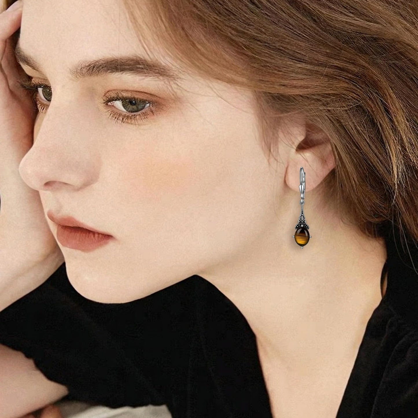 Natural Tiger Eye Earrings 925 Sterling Silver Vintage Retro Leverback Dangle Drop Earrings Birthday Jewelry Gifts for Women