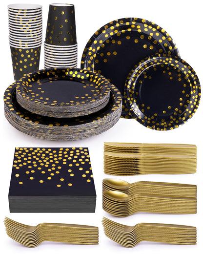224 Pieces Party Supplies, Black and Gold Party Plates Cups and Napkins Sets with Plastic Knives forks spoons, Disposable Tableware Serves 32 Sets for Wedding, Birthday, Graduation, Festivals