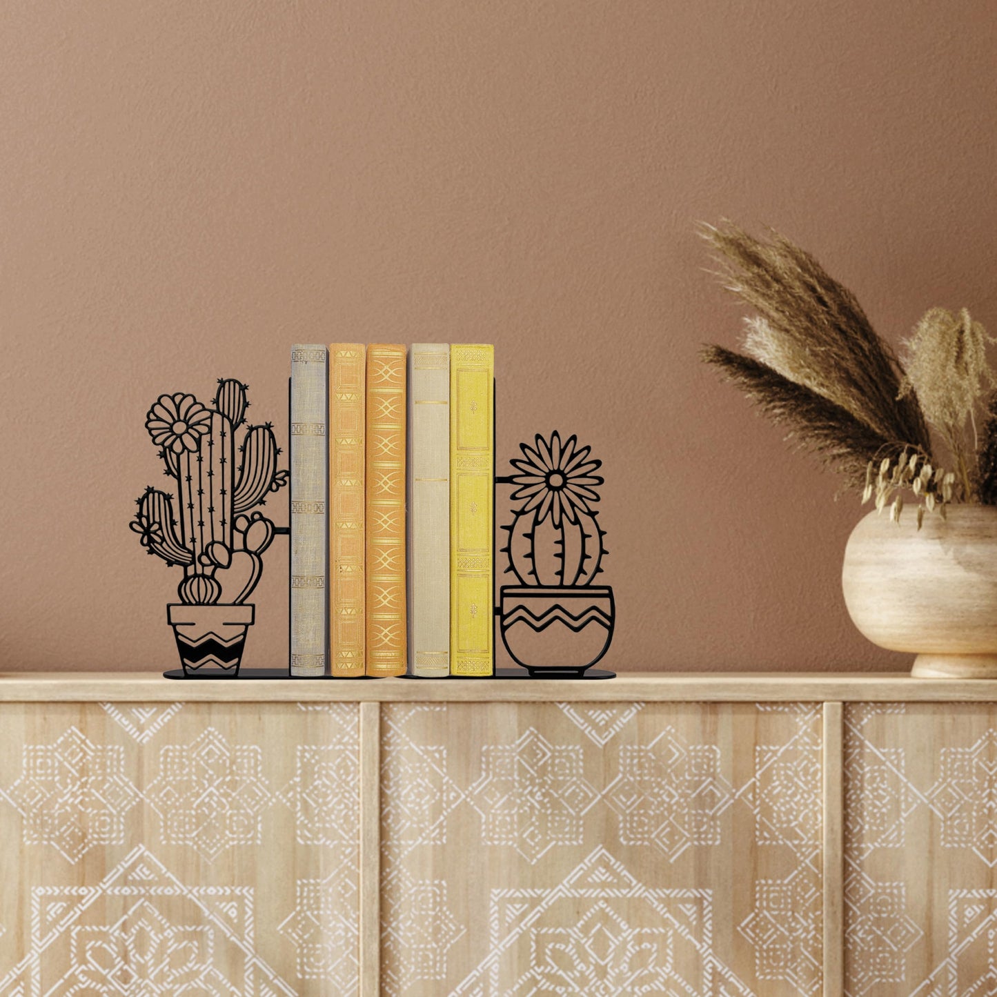 Metal Cactus Planter Book Ends, Dual Wave Pot Design Unique Cute Bookends with Rust Proof Coating, Home Office Decor & Gift for Book Lovers