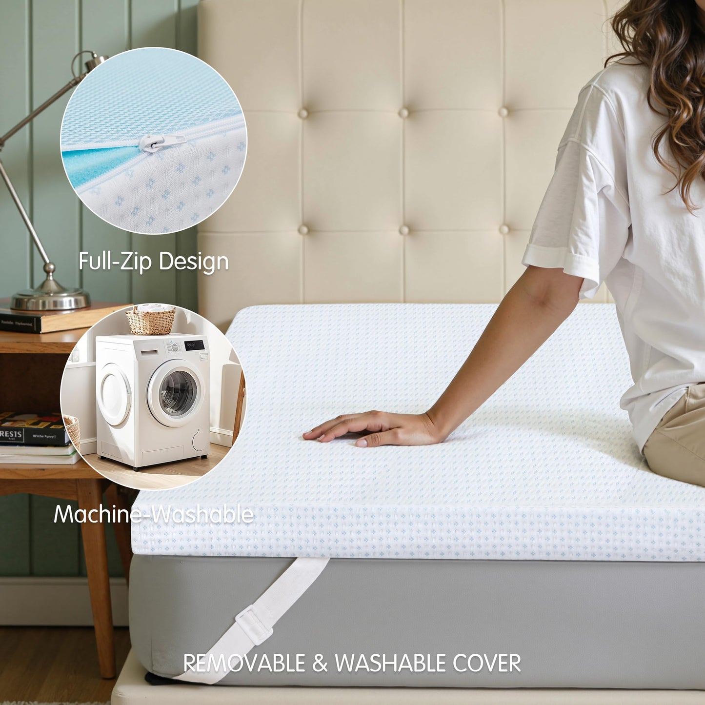 Subrtex Mattress Topper Cover (Only Cover) Mattress Protector Bedding Rayon Made from Bamboo Removable Mattress Encasement Mattress Cover with Zipper (4 Inch, White, Queen)