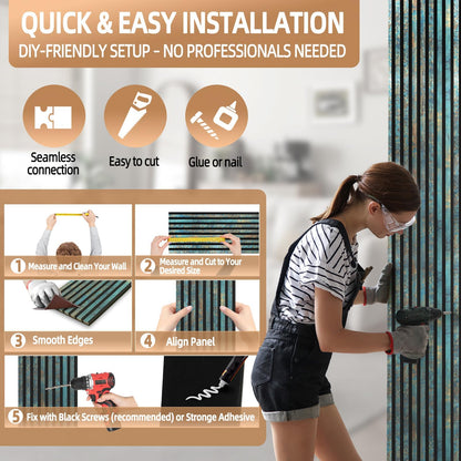 GreenClad Wood Slat Wall Panels for Interior Wall Decor, Acoustic MDF Wall Panels with PET Backing, Easy Install Wall Paneling for Living Room Bedroom Office, Antique Teal Blue Accent (94" x 12.6")