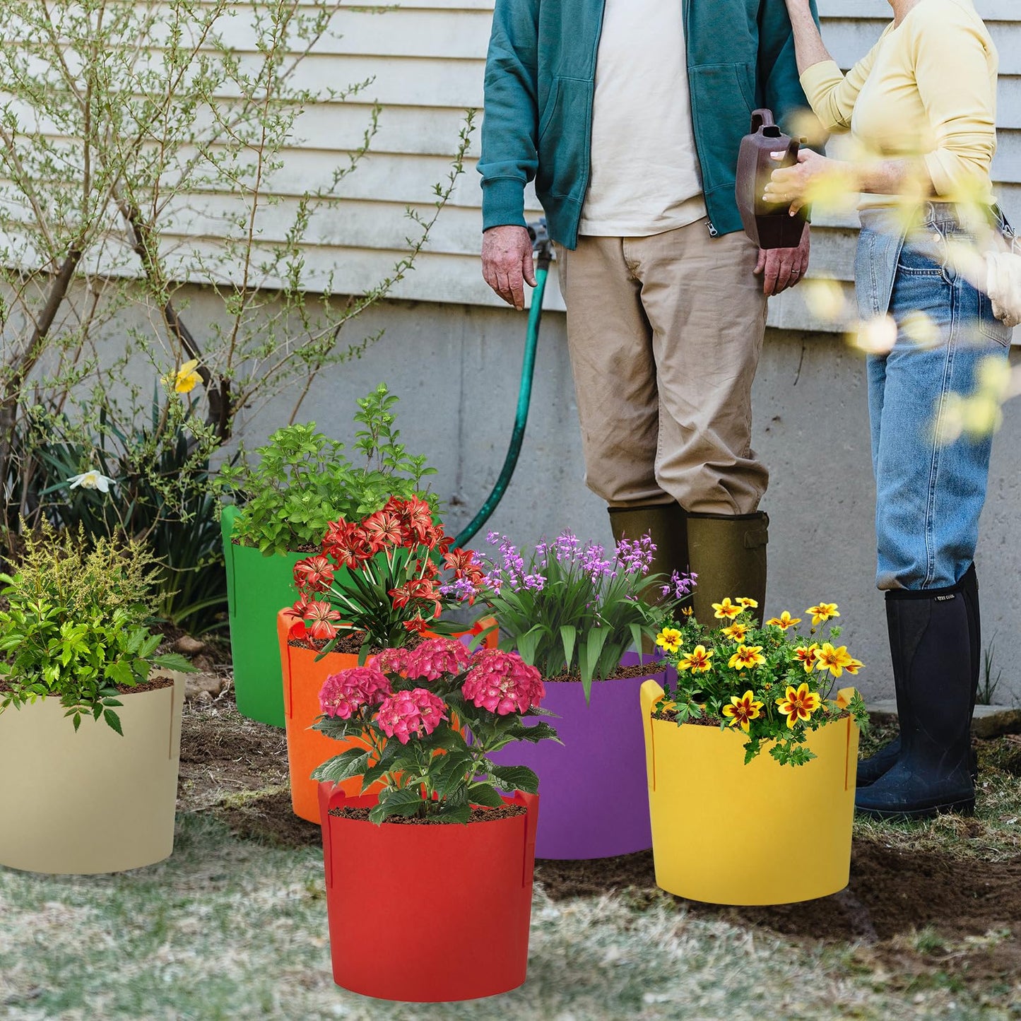 Ohiyoo 6 Pack 15 Gallon Grow Bags, Colorful Fabric Plant Pots with Handles, Garden 10 Gal Fabric Grow Pots, Vegetable Plant Growing Bags for Garden (15 Gallon)