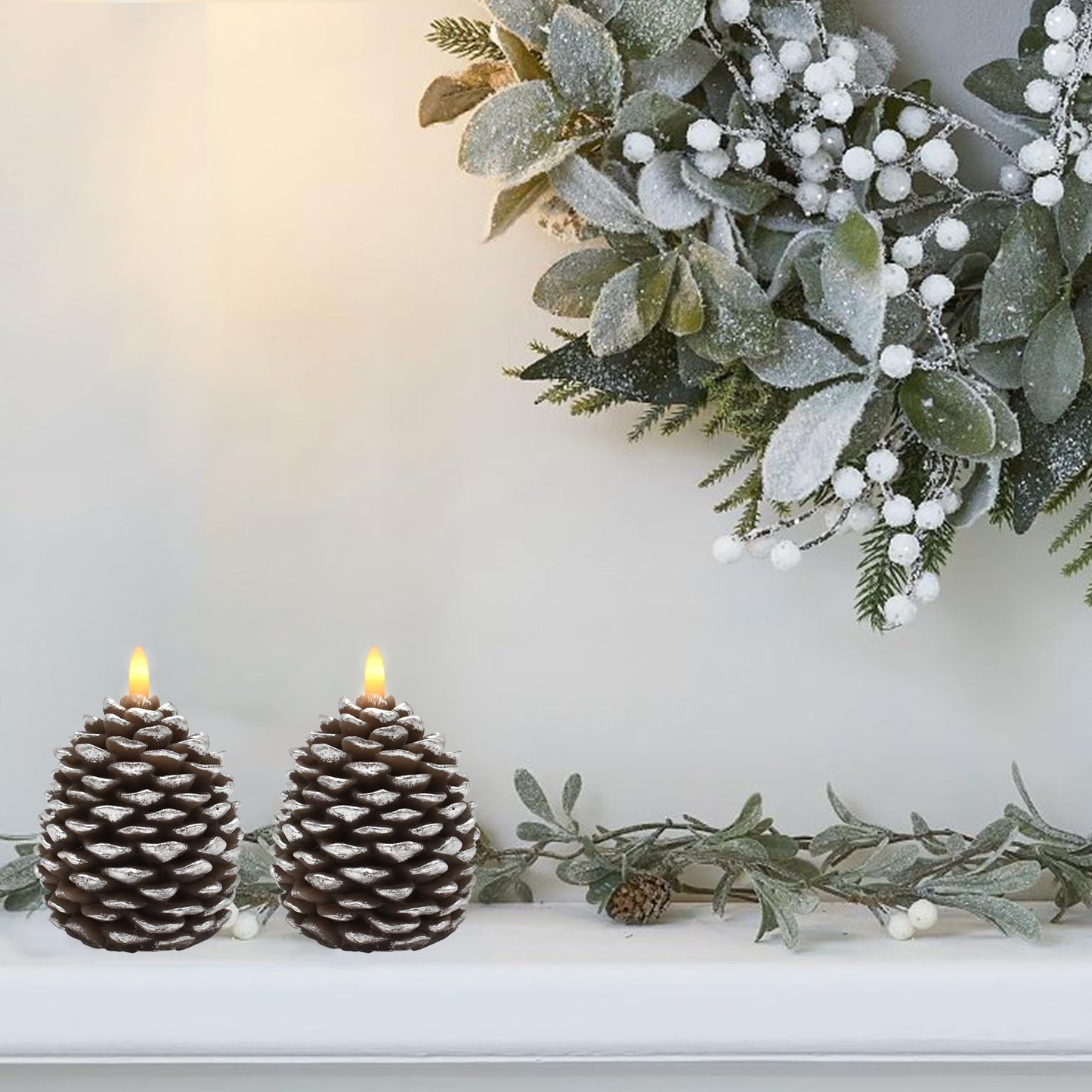 CVHOMEDECO. Pine Cone Candles Battery Operated Pinecones with Remote and Timer, Pine Cones Candle LED Flameless Flickering Candles for Fall, Christmas Decor. Silver-Brown, H 4.8 Inch, Pack of 2