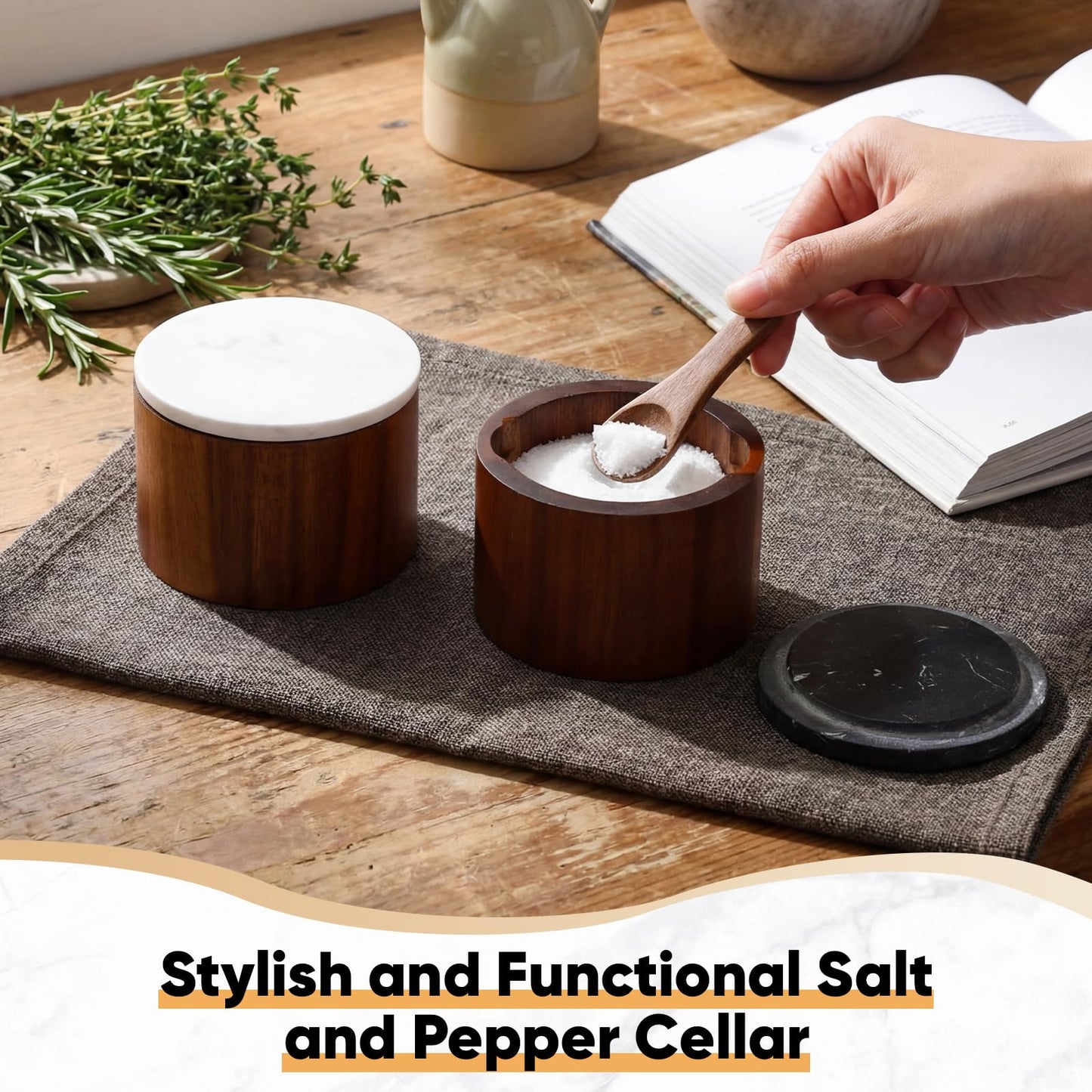 Singhoow 2 Pcs Acacia Wood Salt Cellar with Marble Lid Salt and Pepper with Spoon Natural Acacia Spice Container Decorative White Black Marble Cover for Kitchen Counter