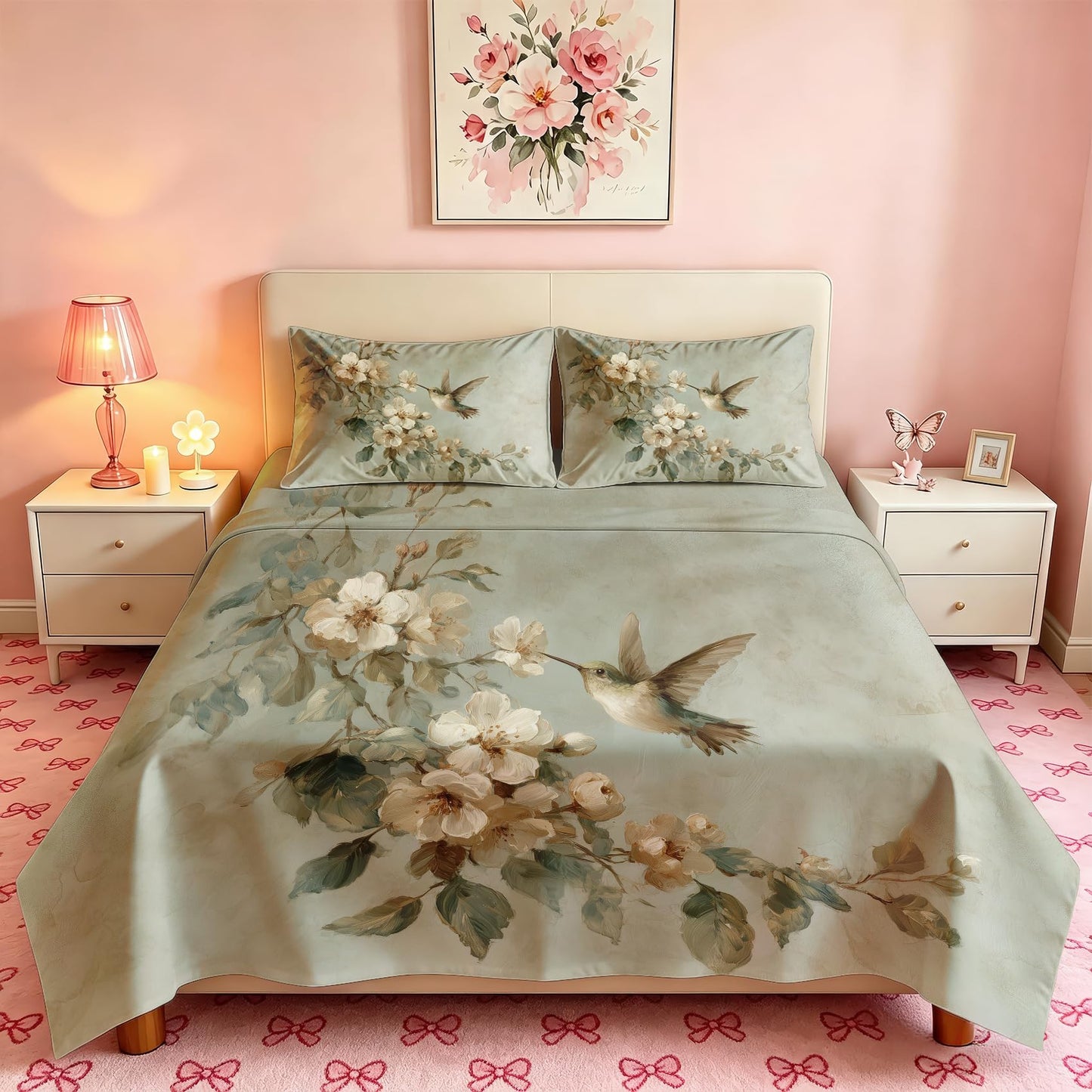 Bird and Flower Bedding Set 4 Pcs Hummingbird Full Sheets