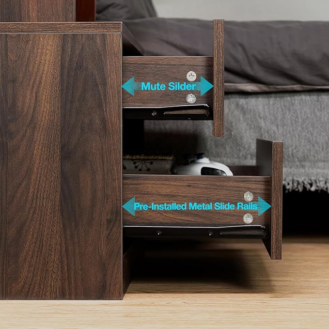 HOMMPA Rustic Nightstand with Wireless Charging Station LED Bedside Table with