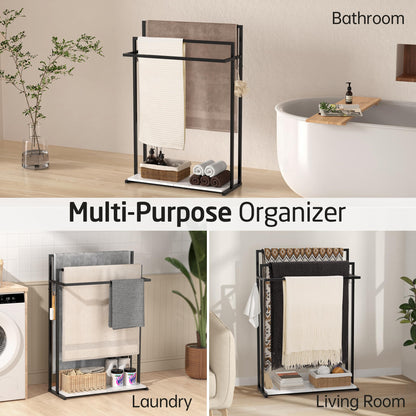 KES Extra Large Free Standing Towel Racks for Bathroom with Anti Wobble Base, 44 Inch Blanket Rack, 3-Tier Blanket Holder for Living Room with Weighted Marble Shelf & 4 Hooks, Matte Black, BTH504-BK