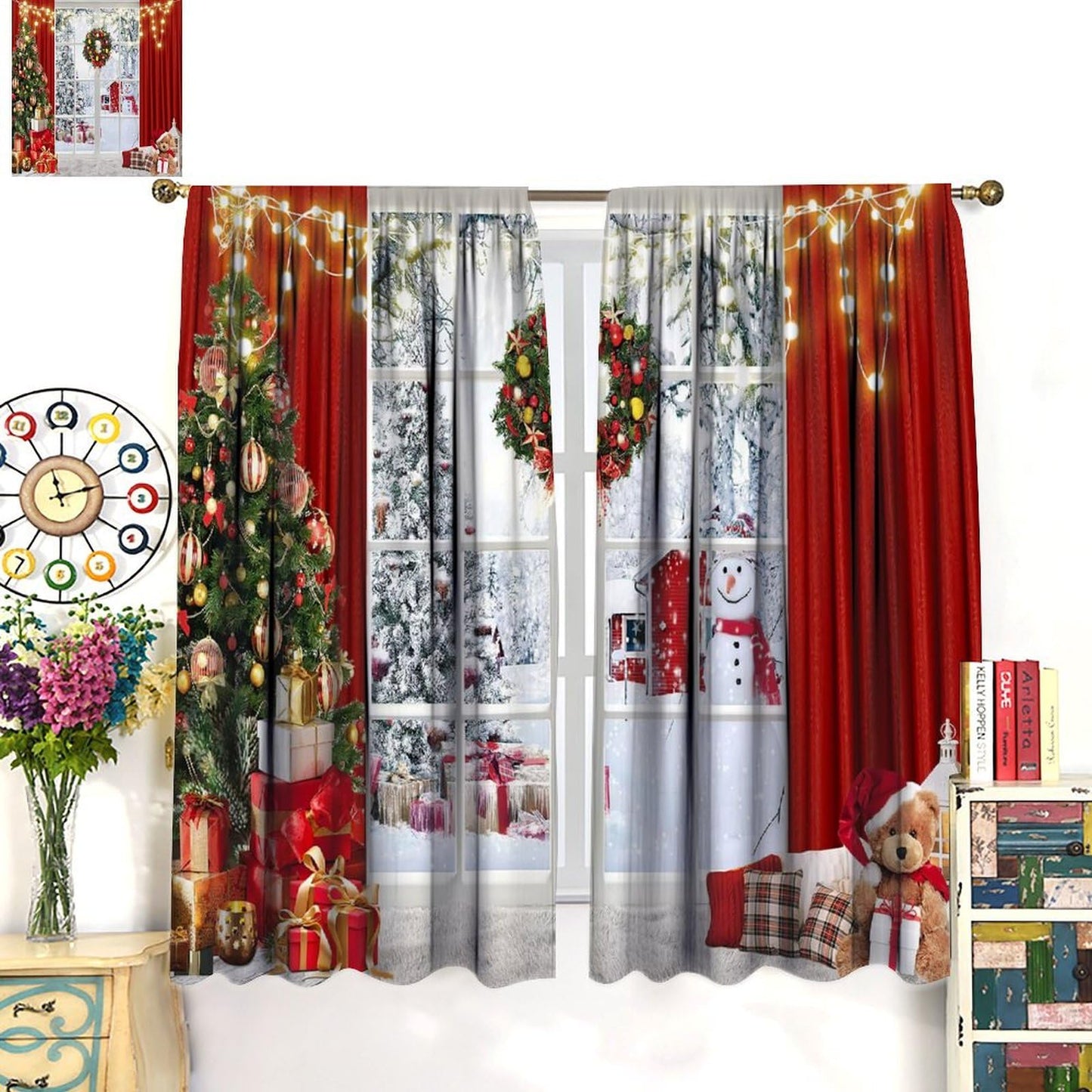 FengMingRui Merry Christmas Curtains Winter Festival Snowman Christmas Tree New Year Christmas Window Treatment Bedroom Living Room Decoration Decor Window Drapes 42" W X 45" L