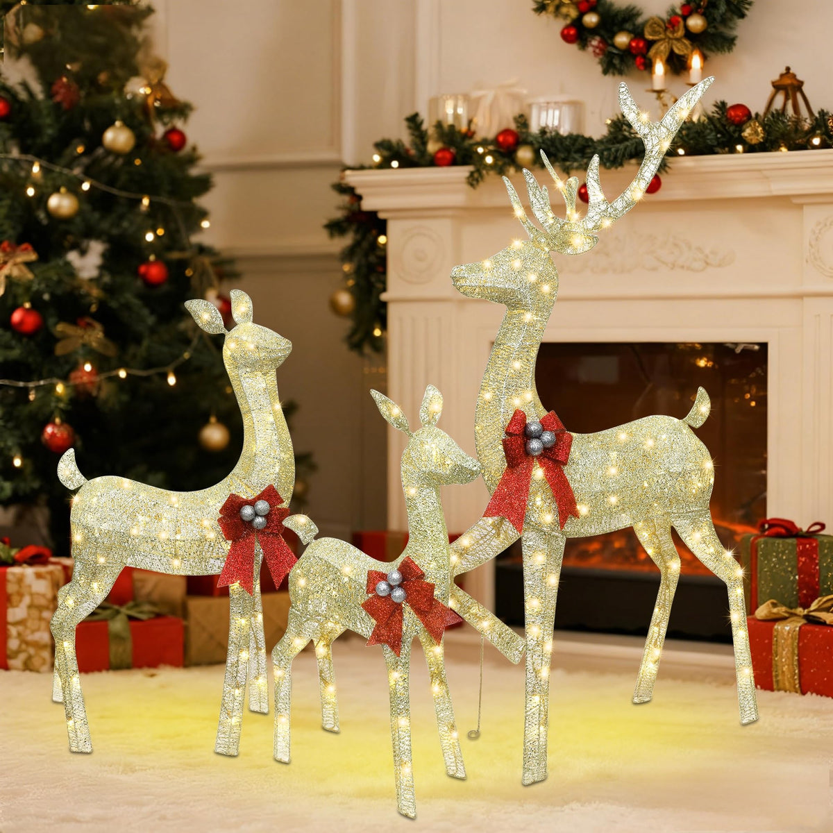 winemana 5ft Reindeer Christmas Outdoor Decorations, Set of 3 Extra Large Deer Yard Decor- Lighted 3D Reindeer Family Set for Outside Lawn Garden Xmas Holiday Party Decor (Gold)