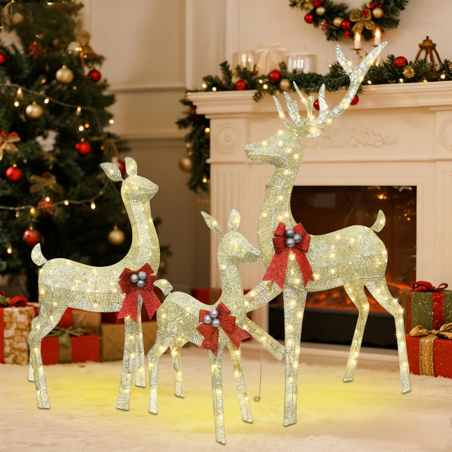 winemana 5ft Reindeer Christmas Outdoor Decorations, Set of 3 Extra Large Deer Yard Decor- Lighted 3D Reindeer Family Set for Outside Lawn Garden Xmas Holiday Party Decor (Gold)