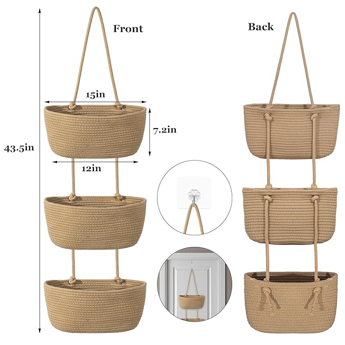 3 Tier Wall Mounted Woven Hanging Basket, Over the Door Hanging Basket