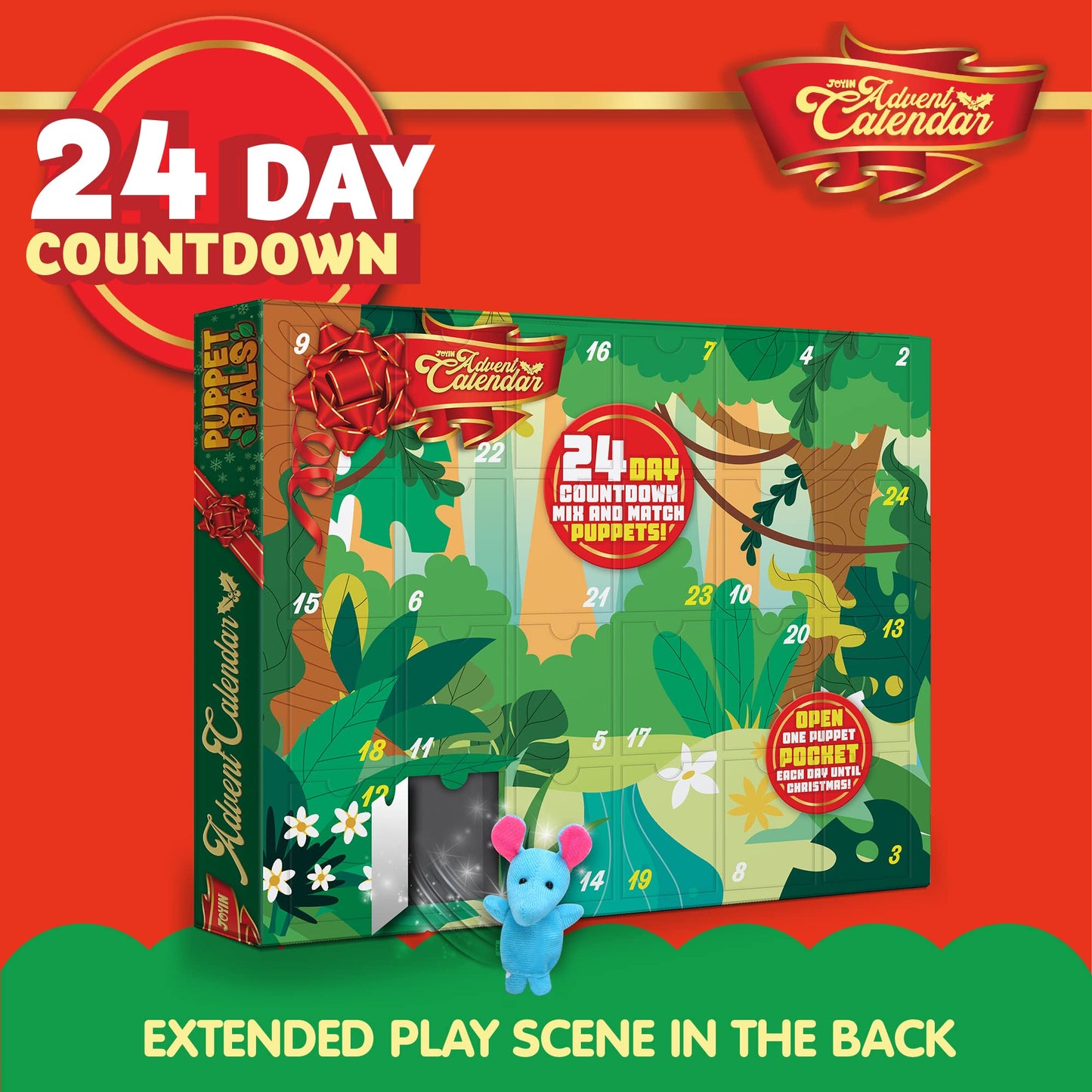 JOYIN Christmas Advent Calendar 2025 with Finger Puppets,24 Days Christmas Countdown Advent Calendar with Plush Animal Finger Puppets for Girls Kids Party Favors,Classroom Prizes Xmas Party Favor Gift