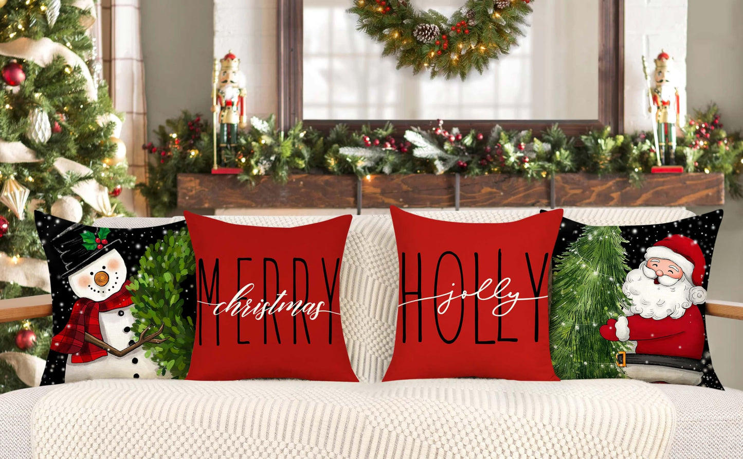 Red Black Christmas Pillow Covers 18x18 Set of 4 Farmhouse Xmas Decorations Snowman Wreath Santa Claus Tree Merry Christmas Holly Jolly Winter Holiday Decor Throw Cushion Case for Home Couch S24C27