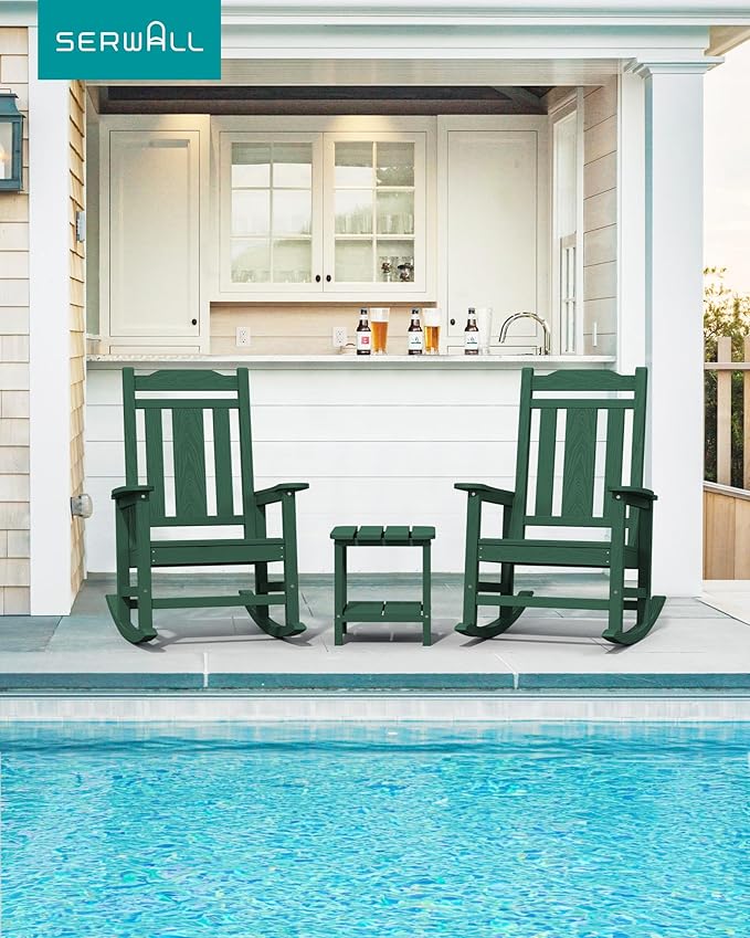 SERWALL Outdoor Rocking Chair Set of 4, Patio Rocking Chairs Set, HDPE Rocking Chair Outdoor for Adults, Heavy Duty Front Porch Rocker, Green