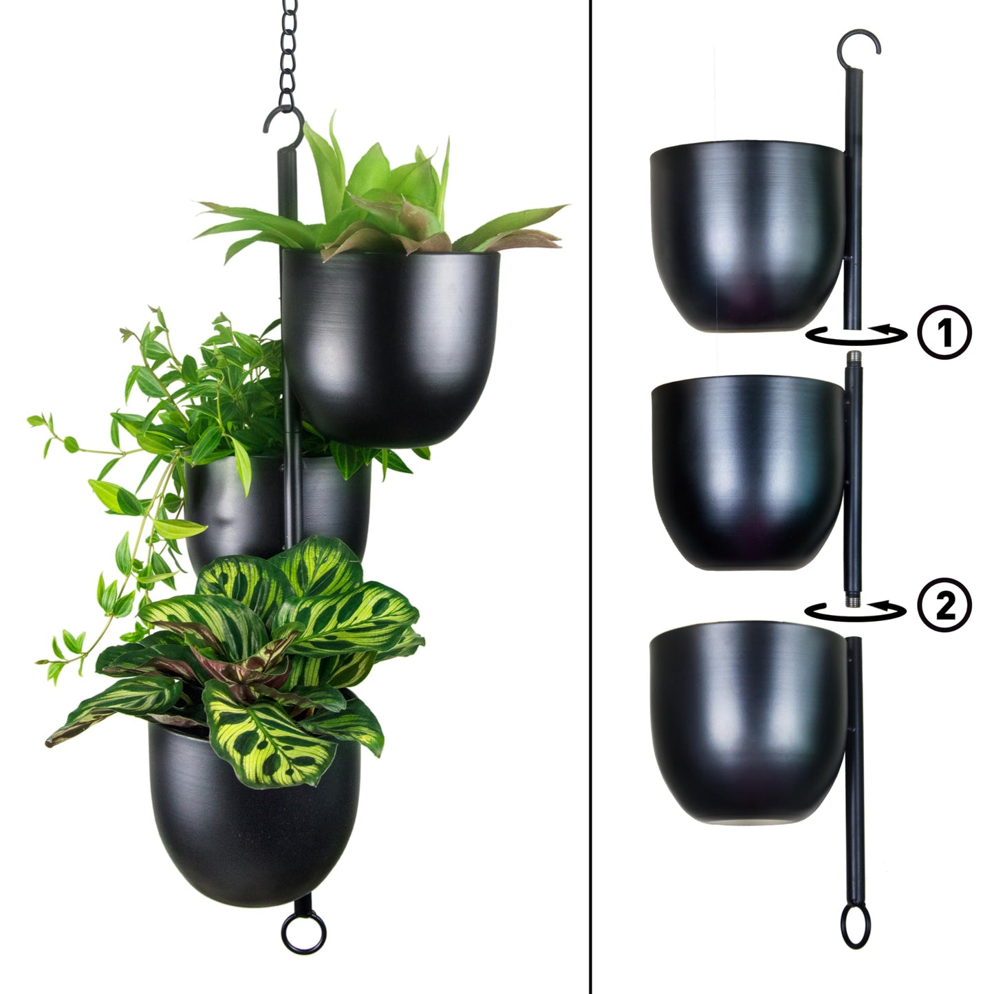 HemePaha 3-Tier Metal Hanging Planter with 6 Inch Oval Pots - Black Modern Triple Tiered Plant Hanger - Vertical Stackable Wall and Ceiling Mount Holder for Indoor and Houseplants