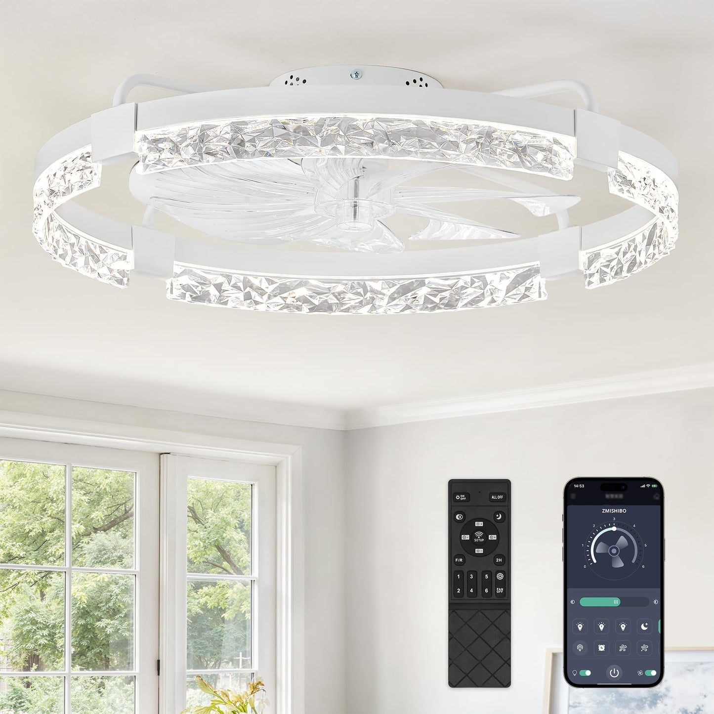 ZMISHIBO 24 Inch Flush Mount Ceiling Fan with Light, Bladeless Low Profile Enclosed Fan for Bedroom Kids Room, 6 Speeds Reversible DC Motor, 3CCT Dimmable Smart App Control