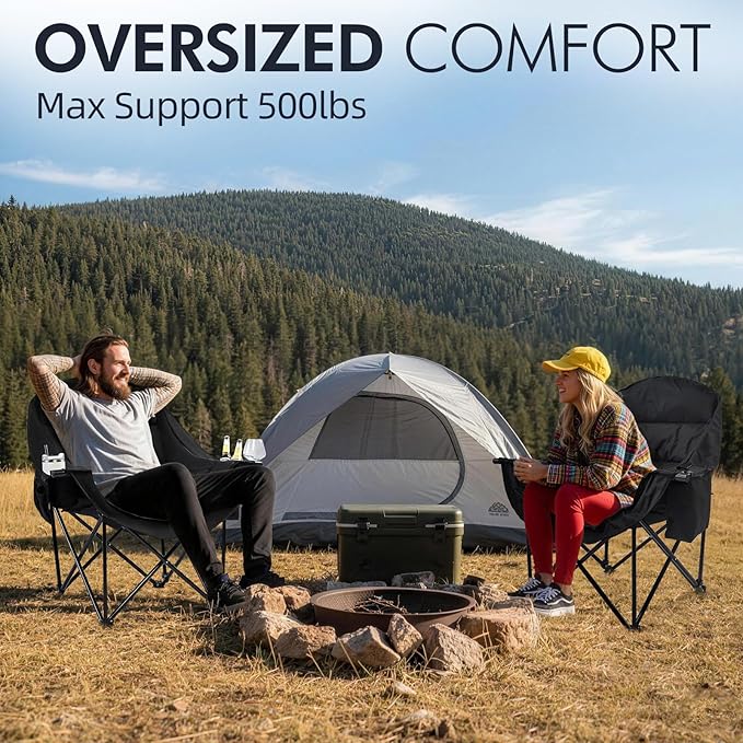 Oversized Camping Chair for Adults - Heavy Duty Outdoor Padded Large Lawn Camp Chair with Cup Holder Cooler Pockets for Sports Beach Fishing Garden Portable Supports 500lbs, AllBlack 2 Pack