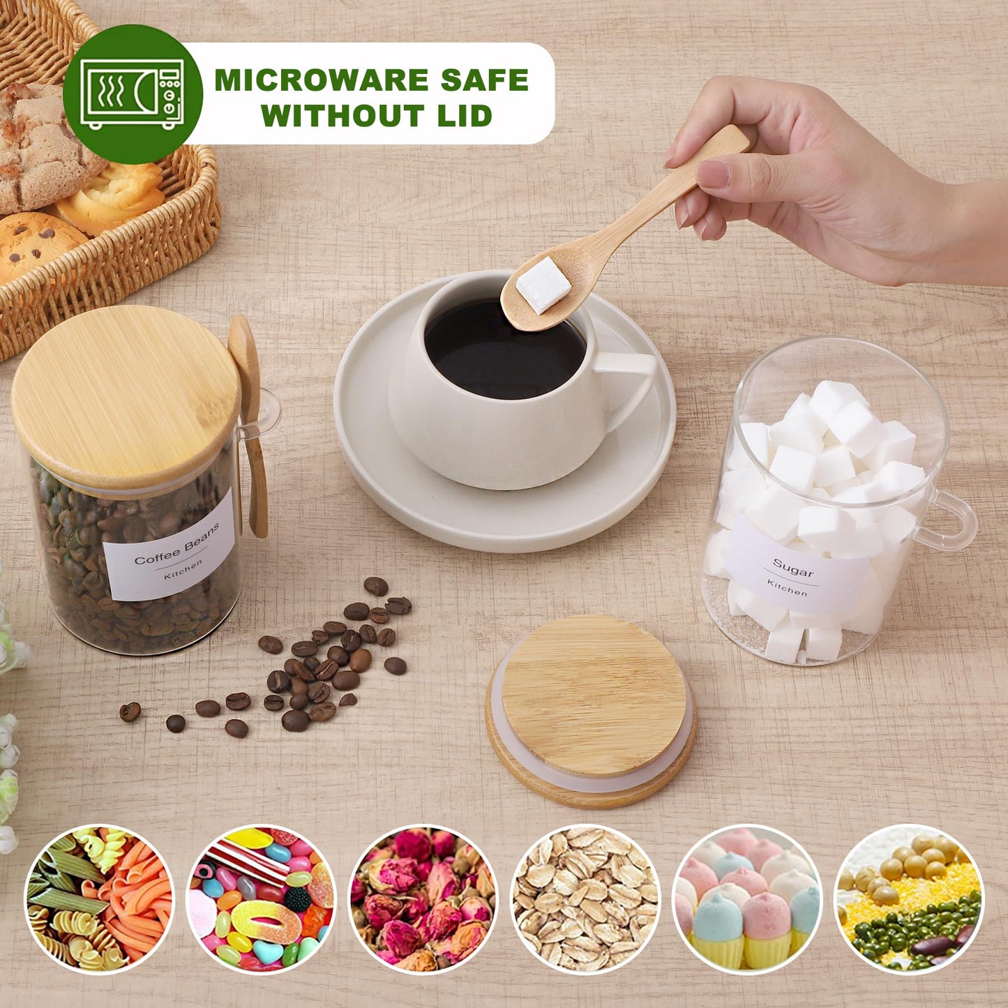 TIPGO Sugar Jar Bath Salt Container – 17 oz Glass Jar with Bamboo Lid and Spoon, Sugar Cube Holder and Canister for Countertop, Glass Containers for Coffee Beans, Tea and Overnight Oats (4 Pack)