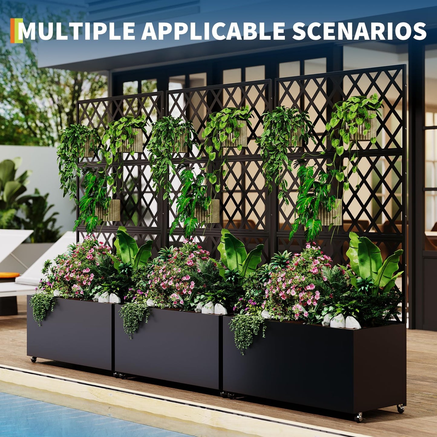 Garvee Galvanized Raised Garden Bed with Trellis, 71"X35.04"X16" Planter Box with Lockable Wheels, Drainage Holes & Privacy Screen for Vegetables, Vines on Patio, Deck, Yard, Black