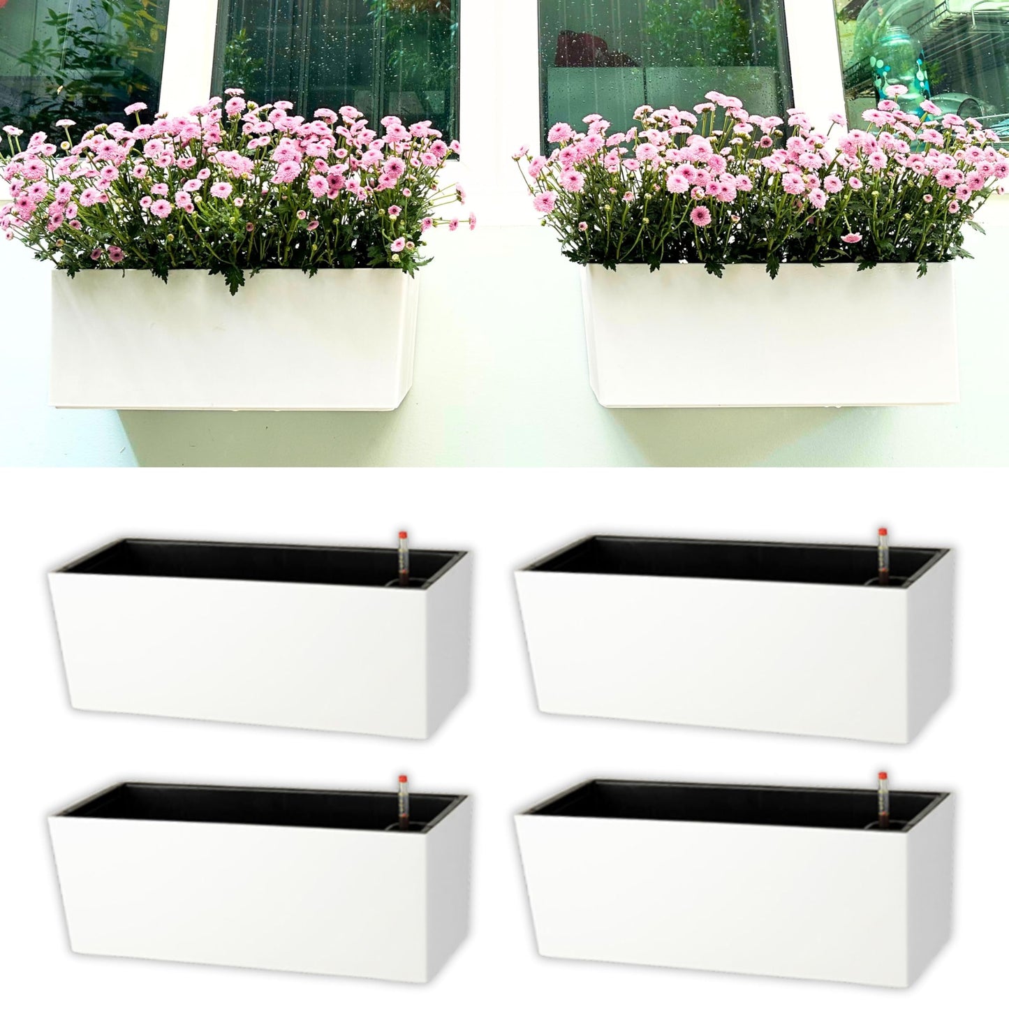 LaLaGreen Outdoor Wall Planters (14 Inch, 4 Pack) White Self-Watering Wall Mounted Flower Boxes, Rectangular Window Box Hanging Planters Plastic Containers Pot Indoor Herbs Modern Home Garden Decor
