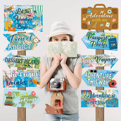 20 Pieces Travel Party Signs Travel Themed Party Decorations Let The Adventure Begin Sign Around the World Decorations Bon Voyage Party Wall Door Porch Yard Sign Travel Party Supplies