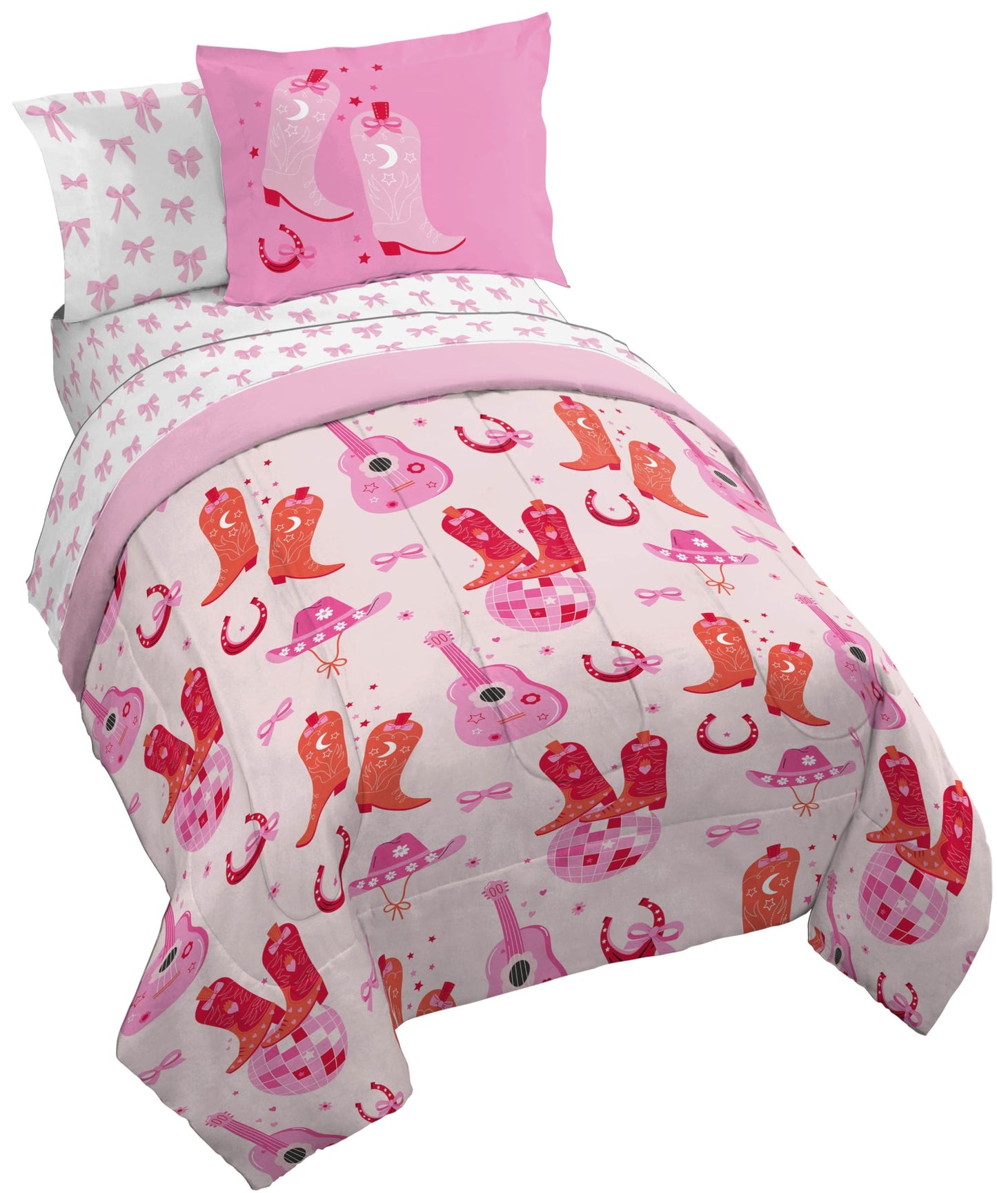 Jay Franco Kids Bed Set, Pink, Cowgirl Boots & Bows, 7 Piece Full