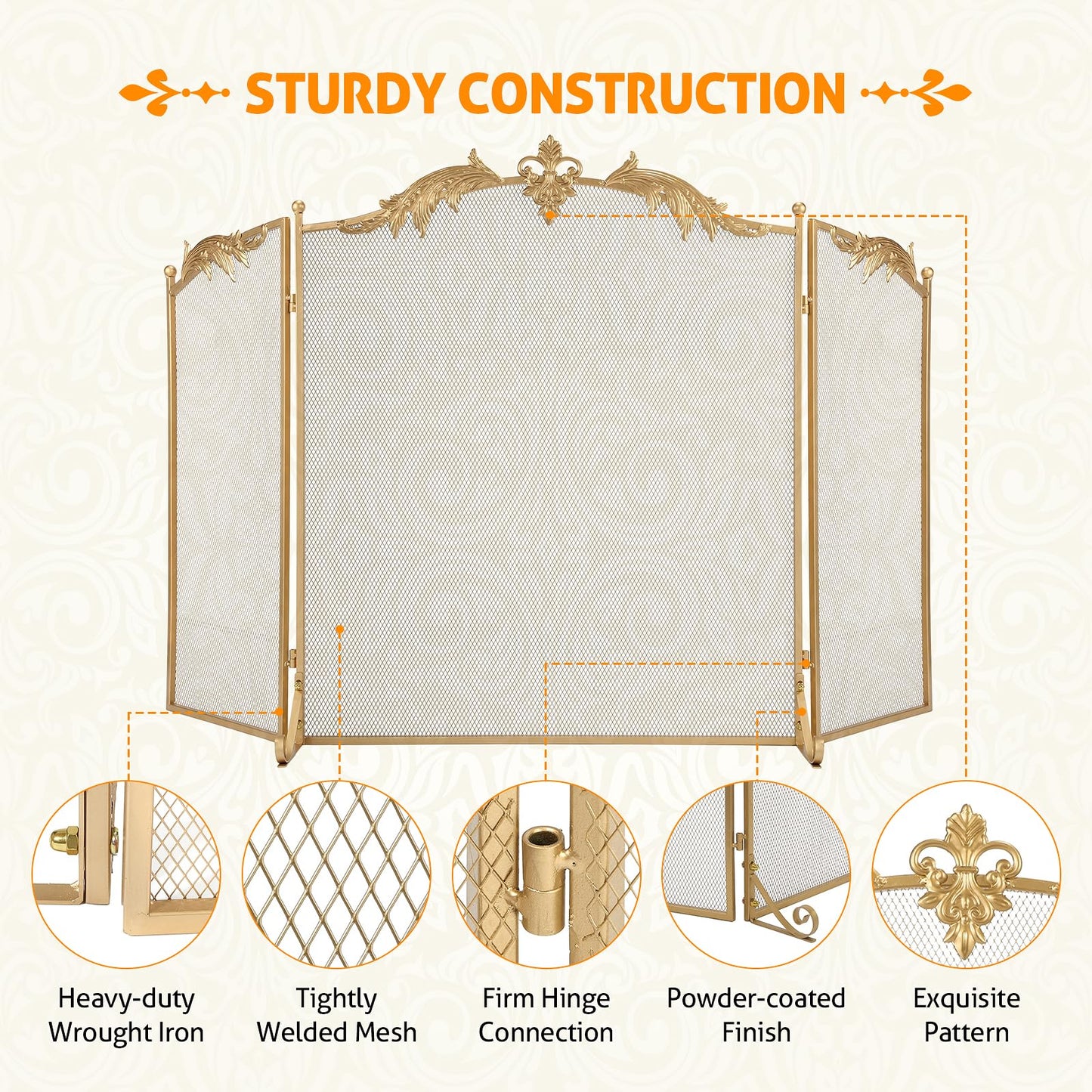 WICHEMI Fireplace Screen 3 Panel Folding Fireplace Screens 50.4 x 32.3 Inch Metal Furnace Fireguards Mesh Cover Baby Safe Proof Fence Spark Guard Cover Wrought Iron Fire Place Standing Gate (Golden)