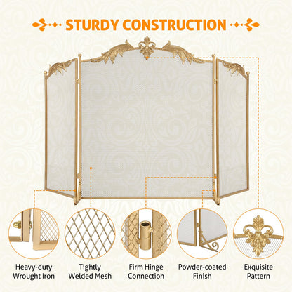 WICHEMI Fireplace Screen 3 Panel Folding Fireplace Screens 50.4 x 32.3 Inch Metal Furnace Fireguards Mesh Cover Baby Safe Proof Fence Spark Guard Cover Wrought Iron Fire Place Standing Gate (Golden)