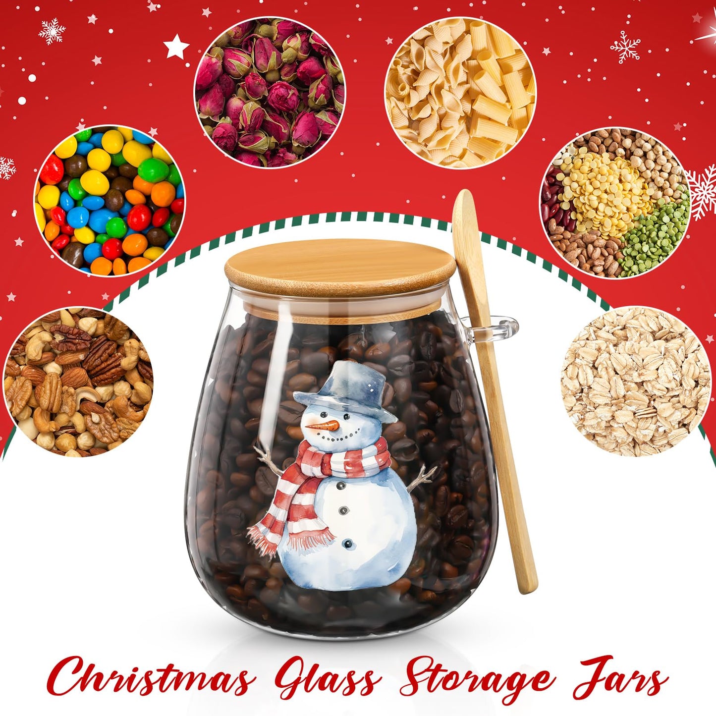 Pickmesh 2 Sets 34 oz Christmas Glass Storage Jars with Airtight Bamboo Lid and Spoon Christmas Decorative Container Xmas Canister for Kitchen Countertop Decoration Cookies Snacks Candy(Santa)